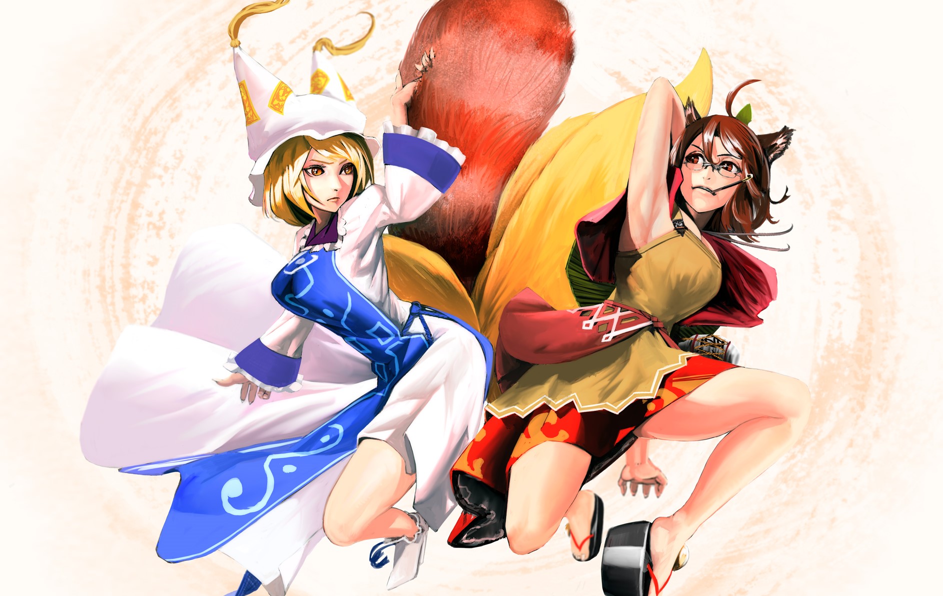 Two anime girls with a large fox tail HD Wallpaper