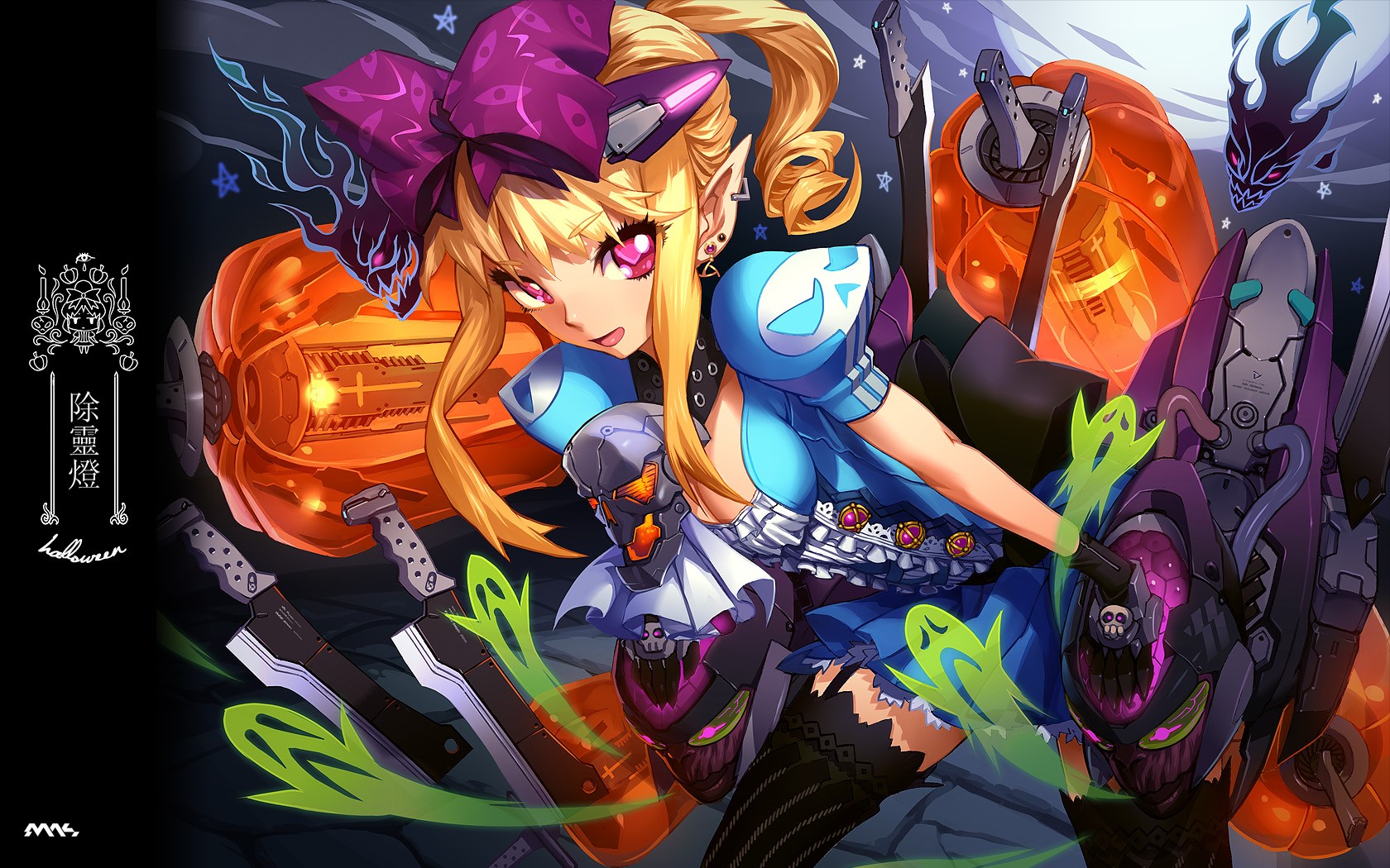Anime girl with Halloween-themed mecha and weapons HD Wallpaper