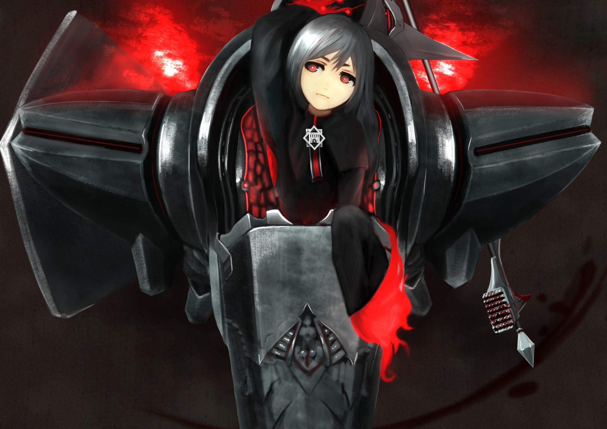 Anime girl with grey hair and red eyes in a mech HD Wallpaper