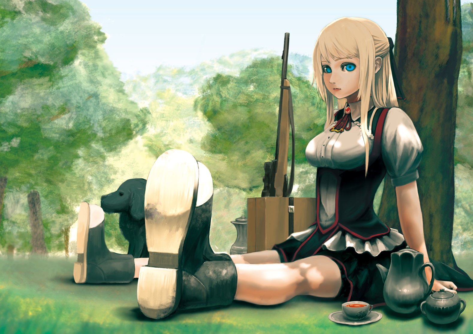 Anime girl with blonde hair and blue eyes sitting with a dog HD Wallpaper