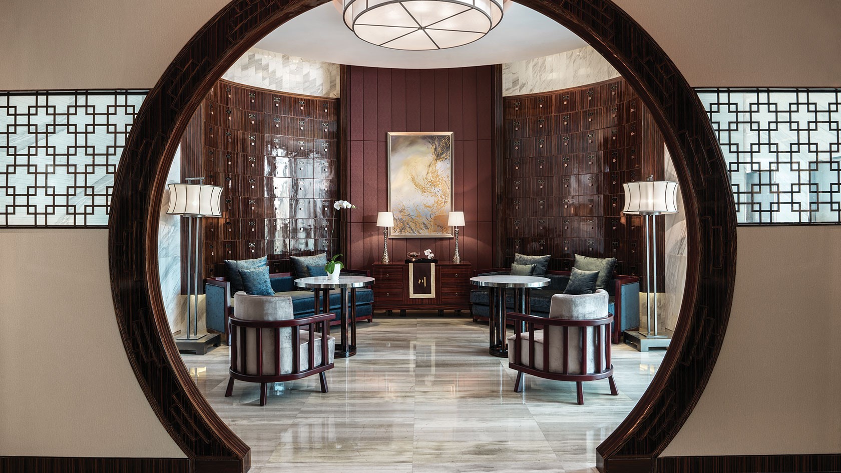 Luxury hotel lobby interior with traditional Chinese design elements HD Wallpaper