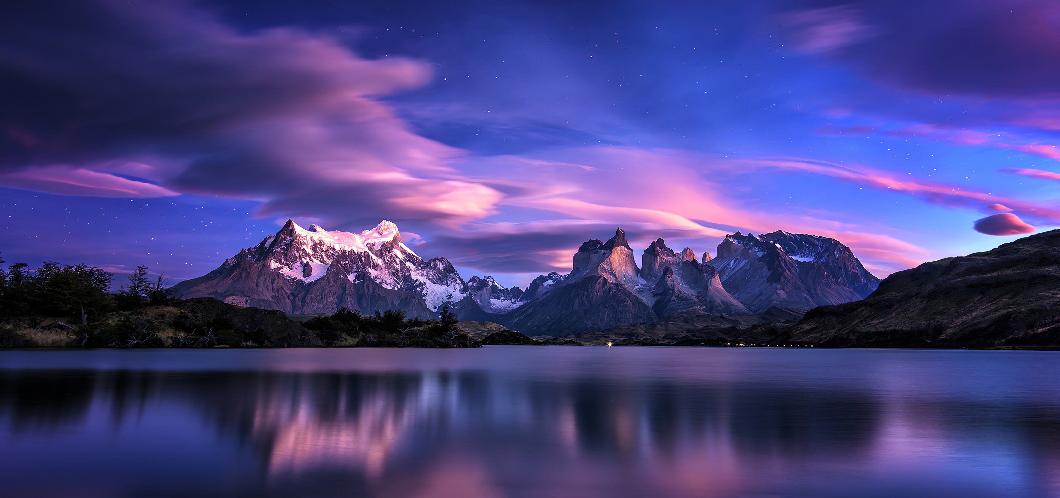 Mountains and lake at night with colorful clouds HD Wallpaper