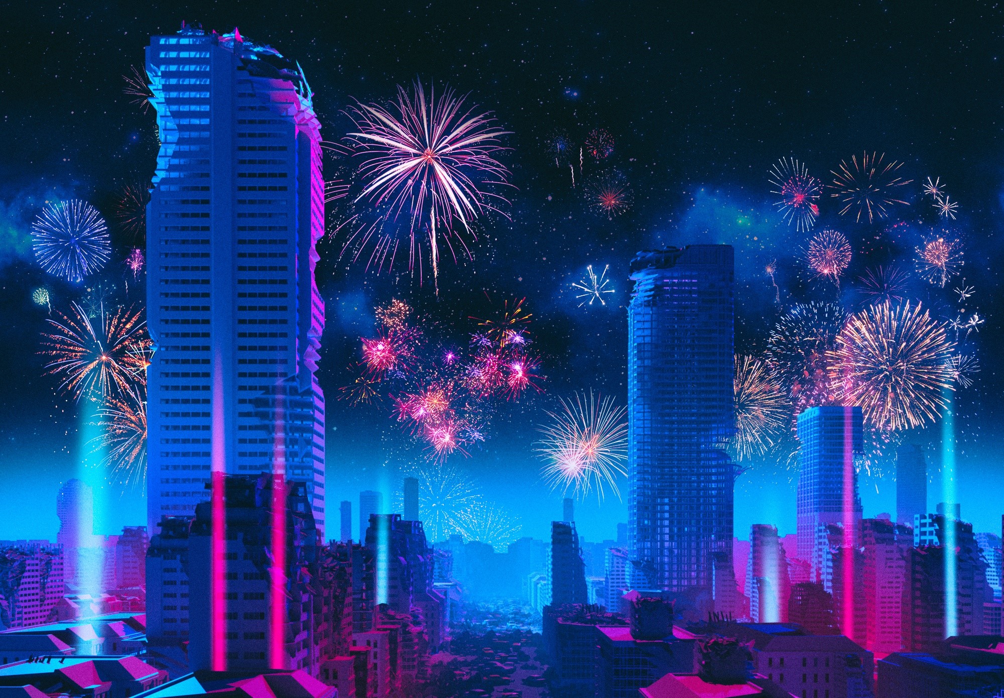 Futuristic cityscape with fireworks and neon lights HD Wallpaper