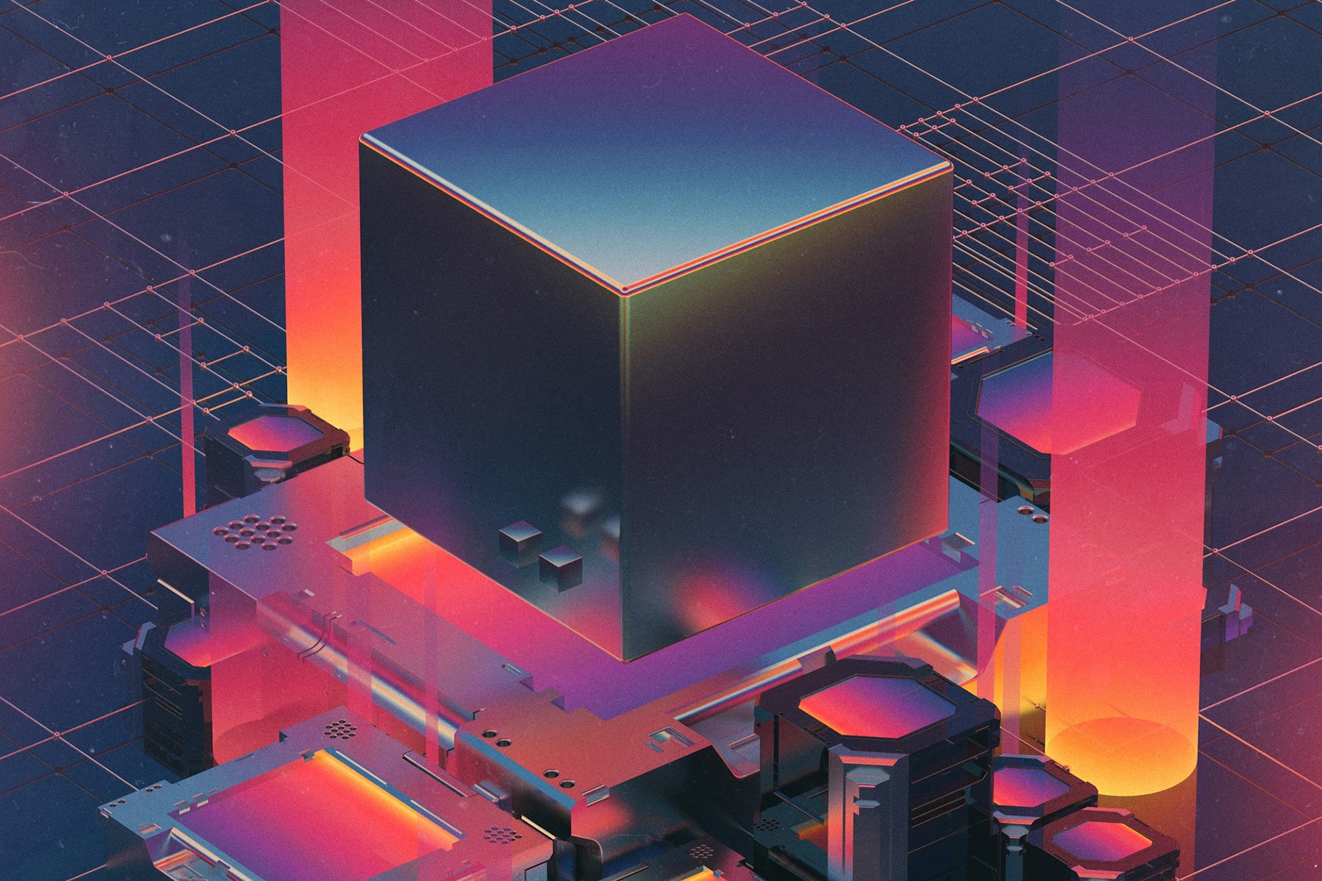 Digital art of a cube on a futuristic platform HD Wallpaper