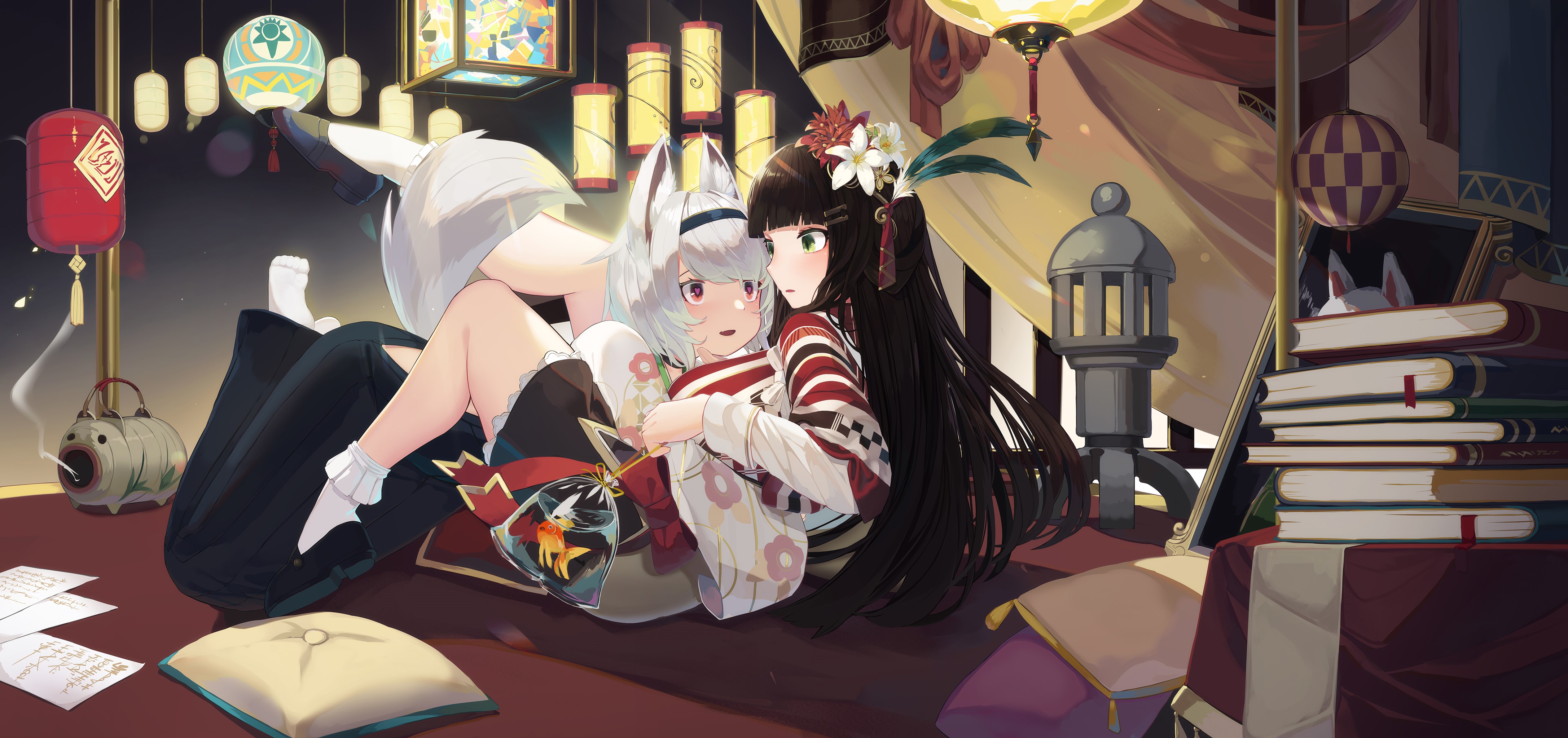 Anime girls in kimonos with fox ears HD Wallpaper