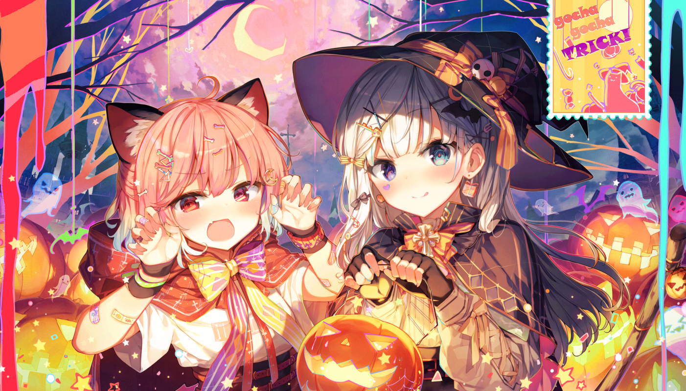 Anime girls in Halloween costumes with pumpkins HD Wallpaper