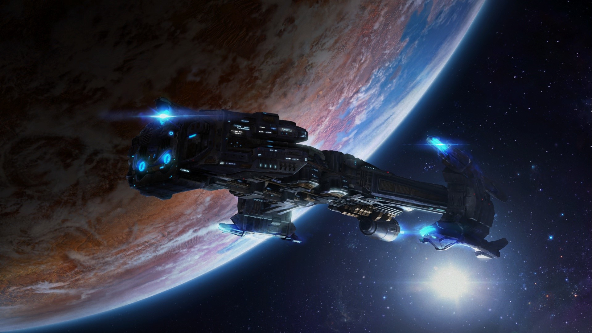 Spaceship near a planet in space HD Wallpaper