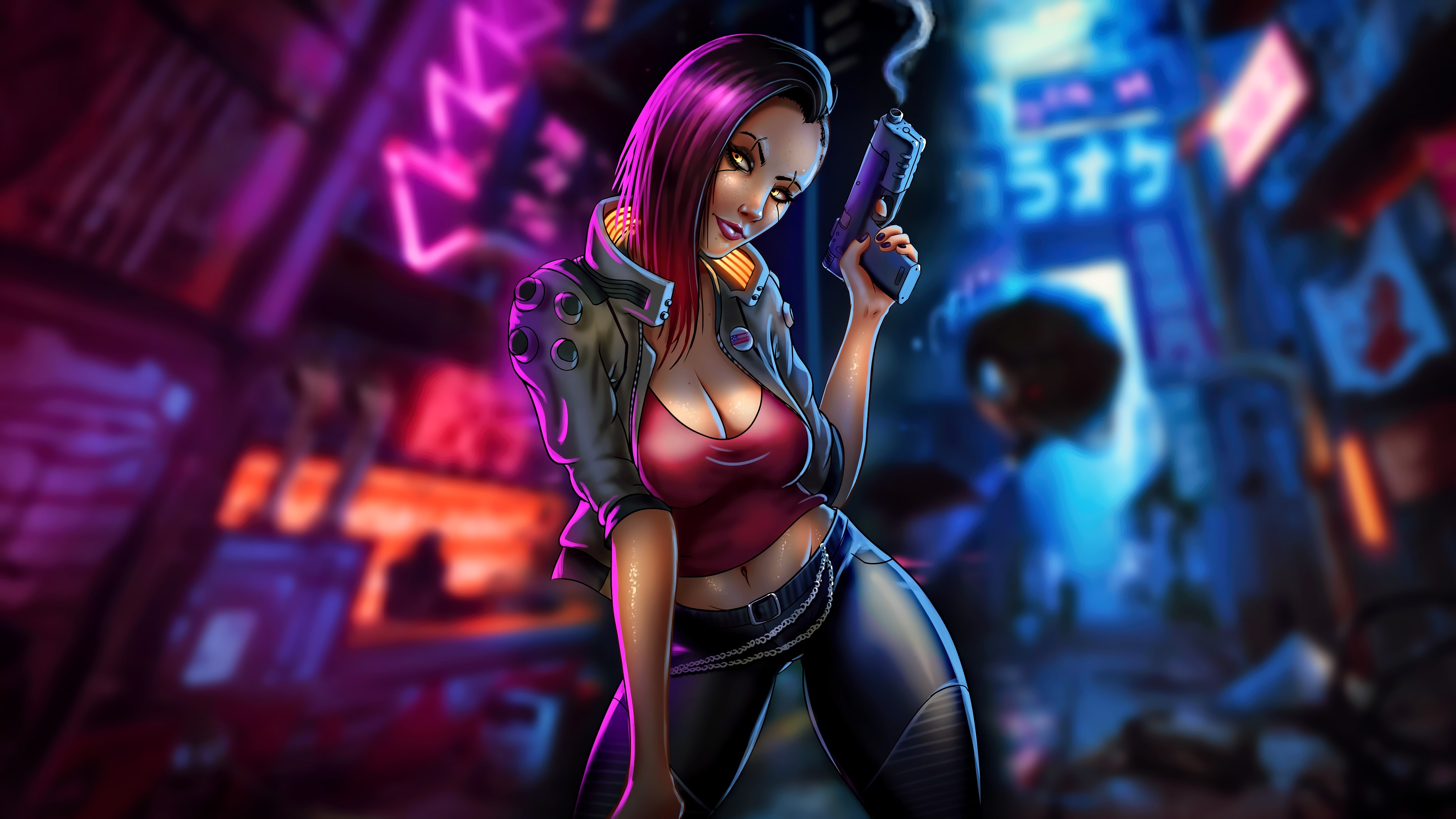 Cyberpunk woman with gun in neon city HD Wallpaper