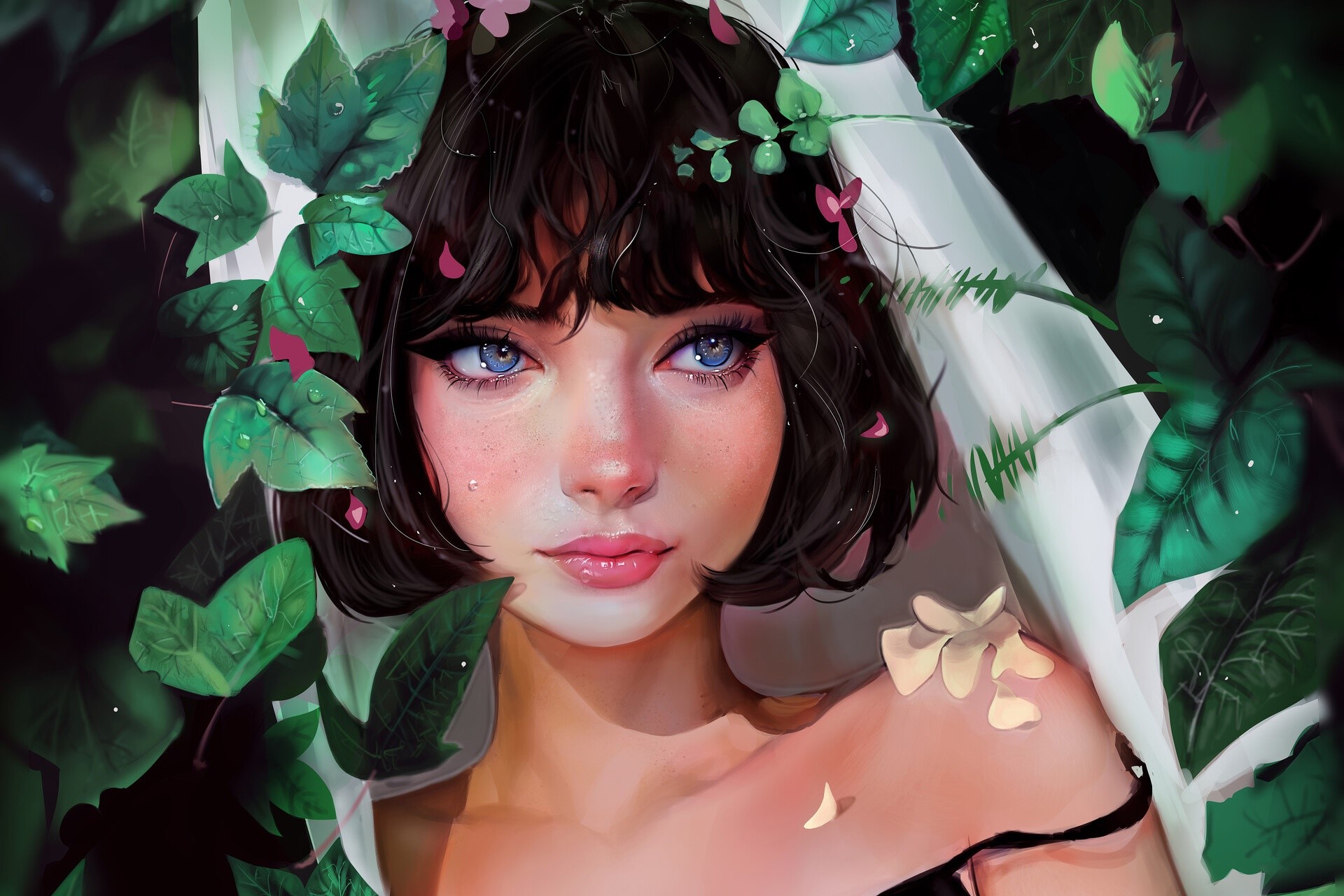Woman with blue eyes surrounded by leaves and flowers HD Wallpaper