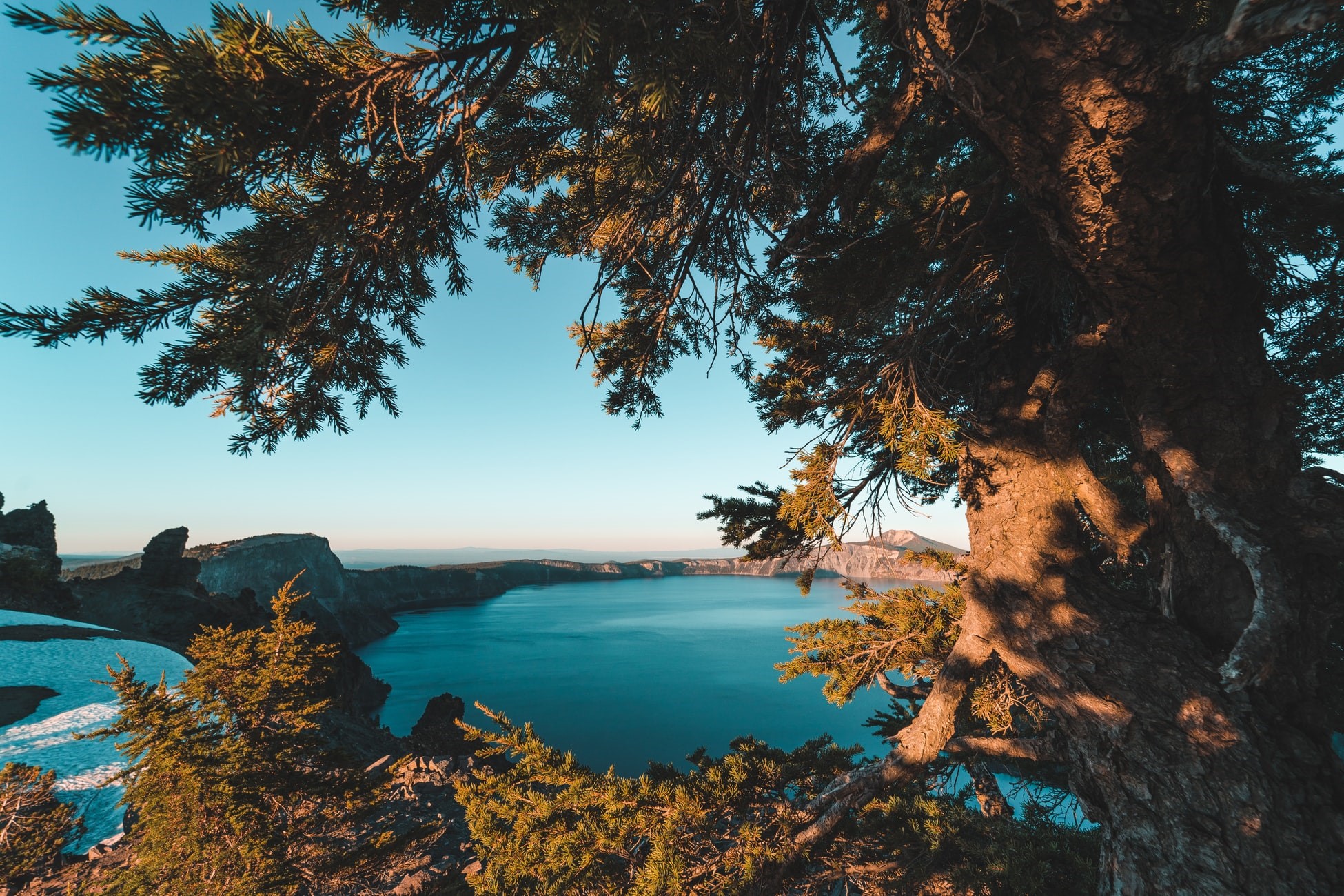 Crater Lake with Trees in Foreground HD Wallpaper