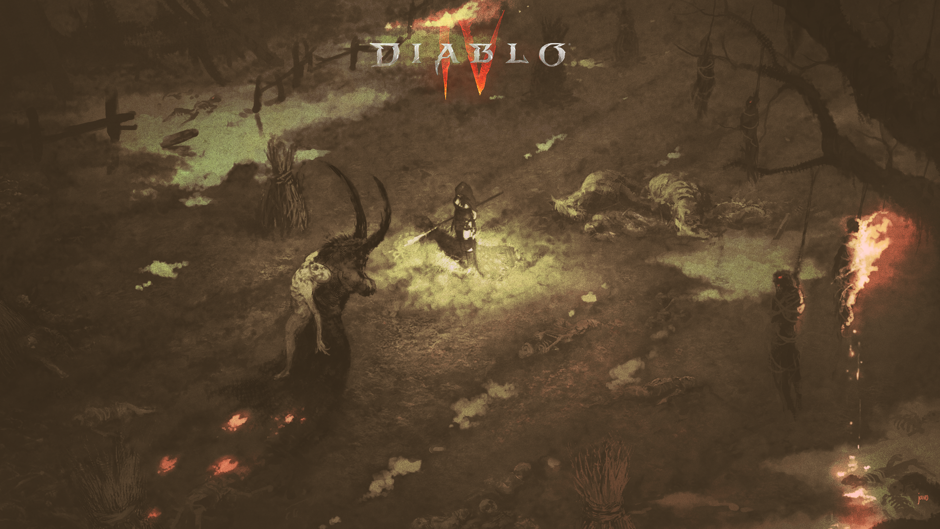 Diablo IV: A demonic figure carries a human in a desolate landscape HD Wallpaper