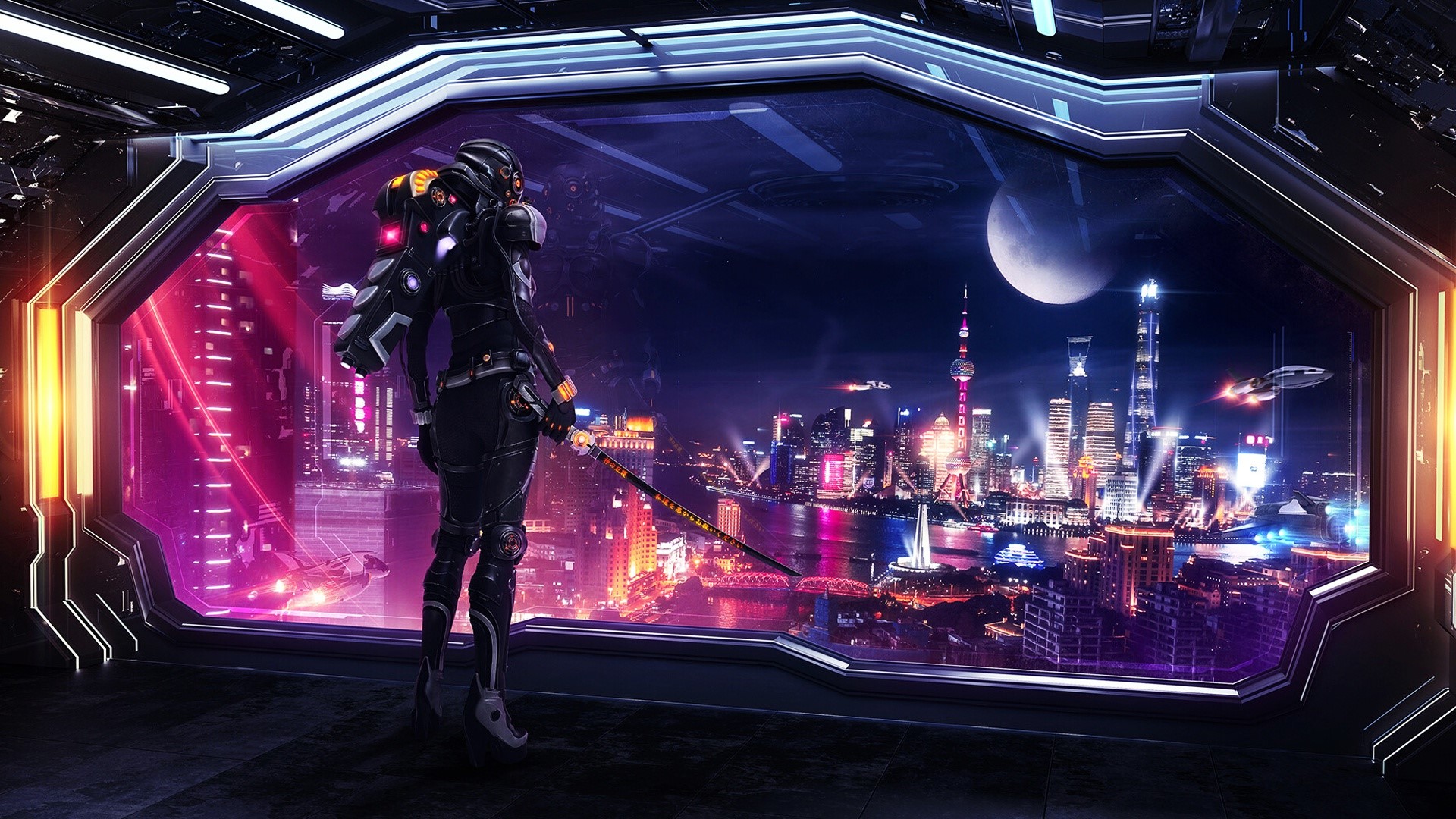 Futuristic warrior overlooking a neon city at night HD Wallpaper