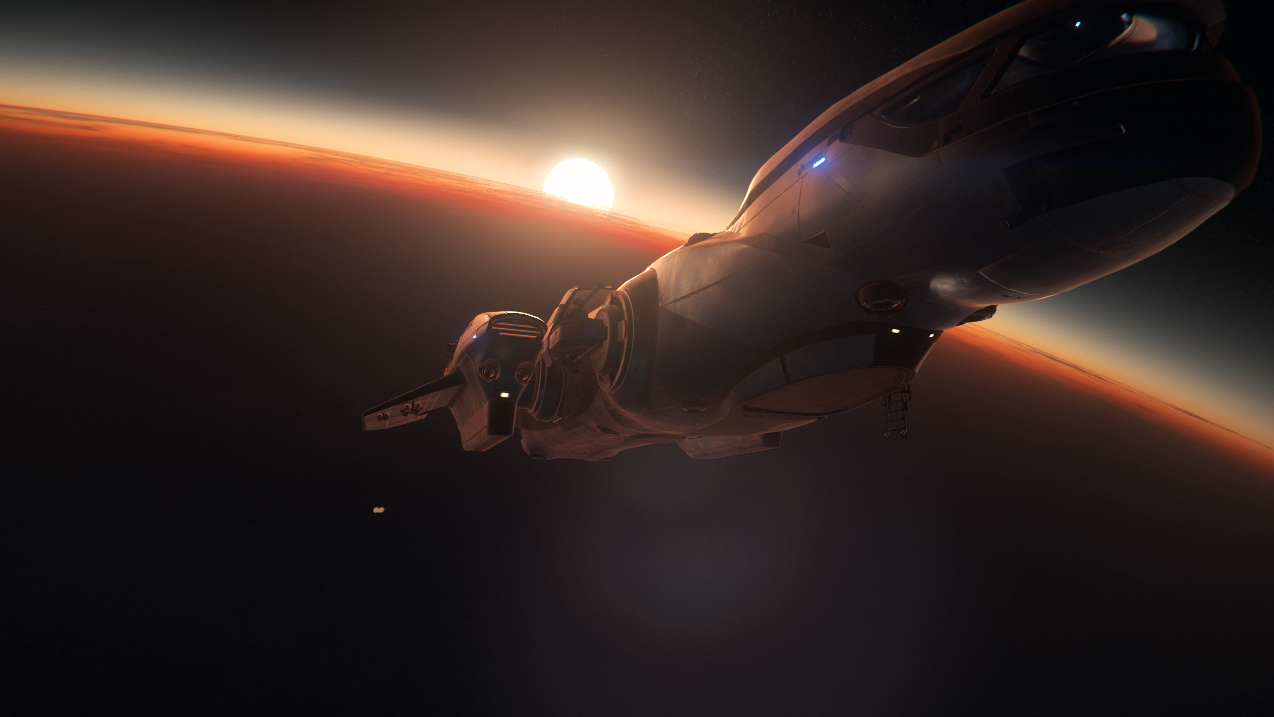 MISC Freelancer spaceship near a planet at sunrise in Star Citizen HD Wallpaper