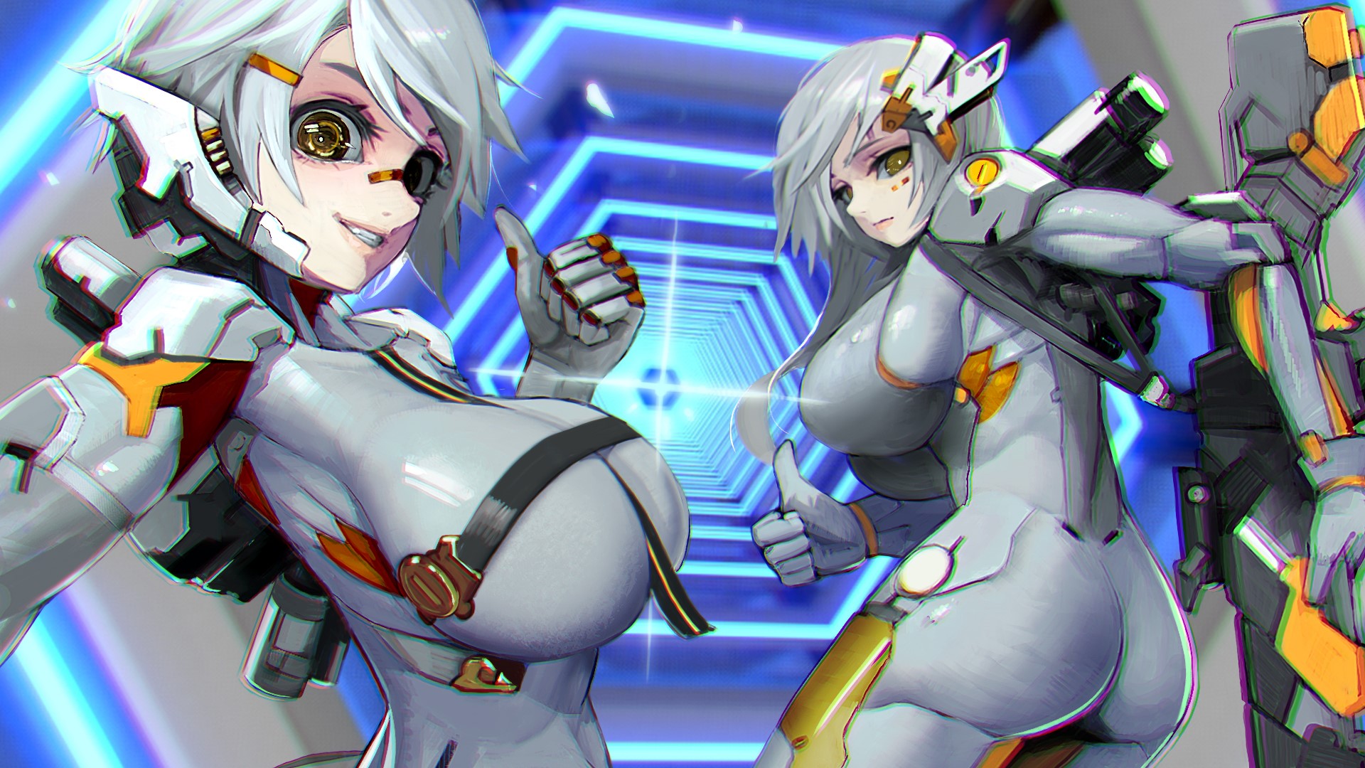 Two female cyborgs in futuristic suits HD Wallpaper