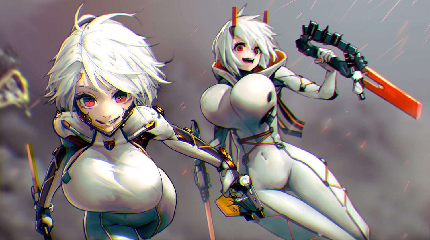 Two anime girls in white bodysuits with red eyes HD Wallpaper
