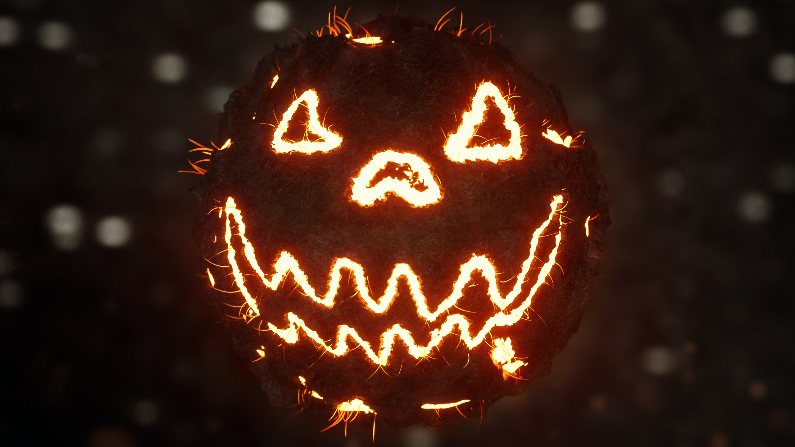 Glowing Halloween pumpkin with fiery edges and bokeh HD Wallpaper