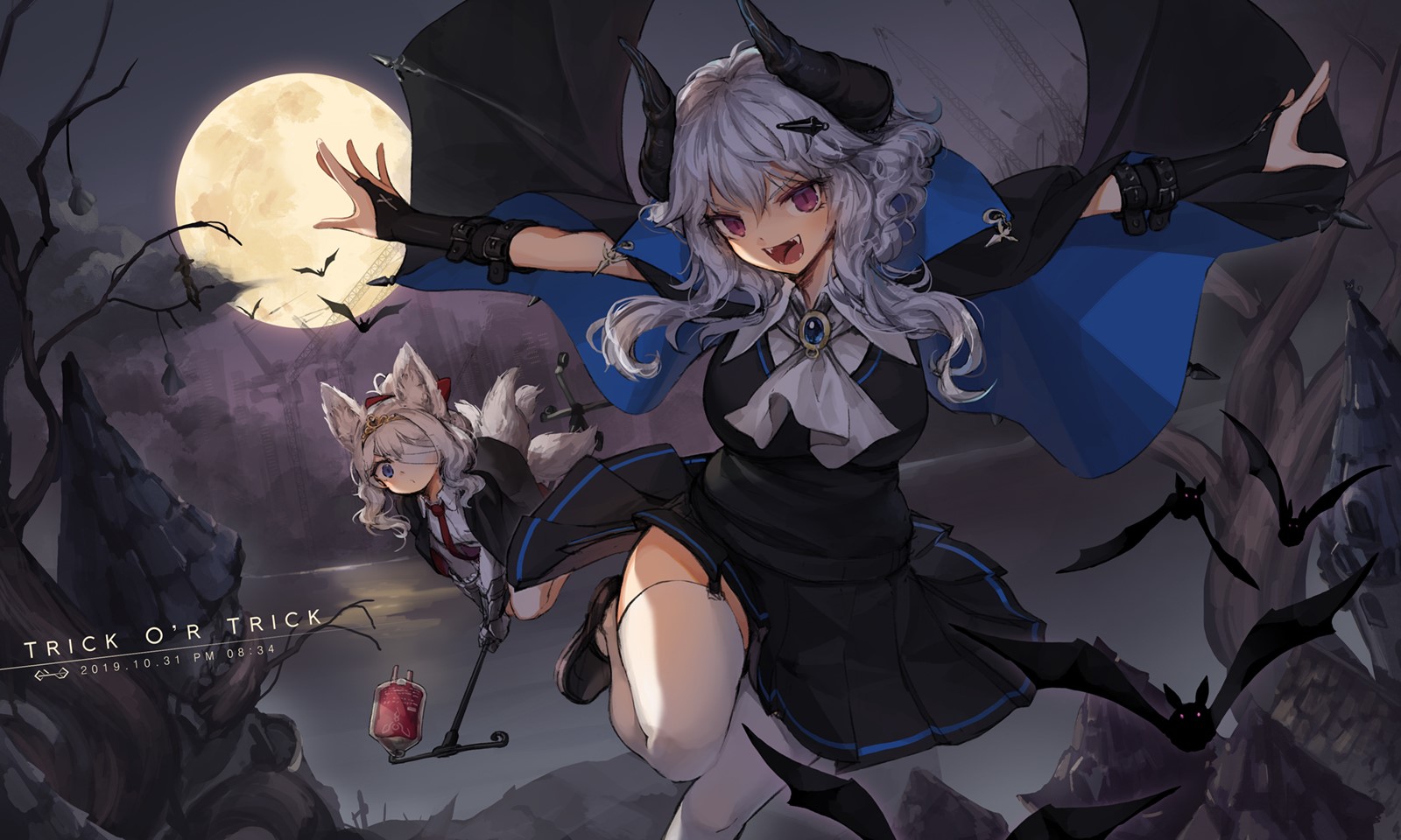 Anime girls in Halloween costumes with bats and moon HD Wallpaper