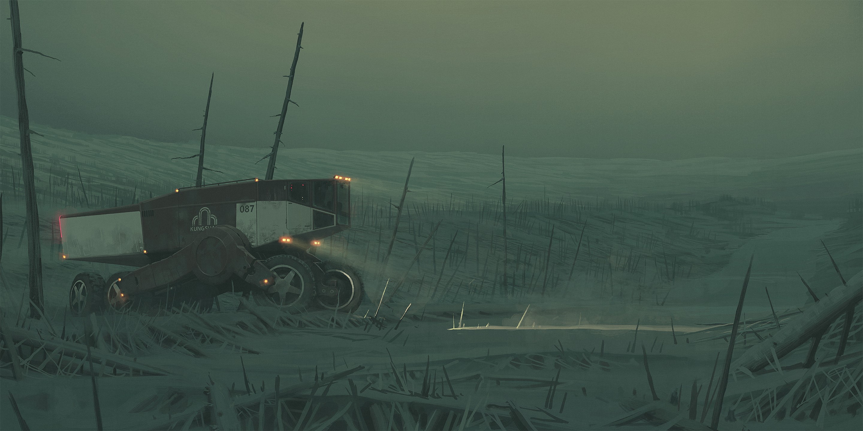 Futuristic vehicle in a desolate landscape by Simon Stålenhag HD Wallpaper