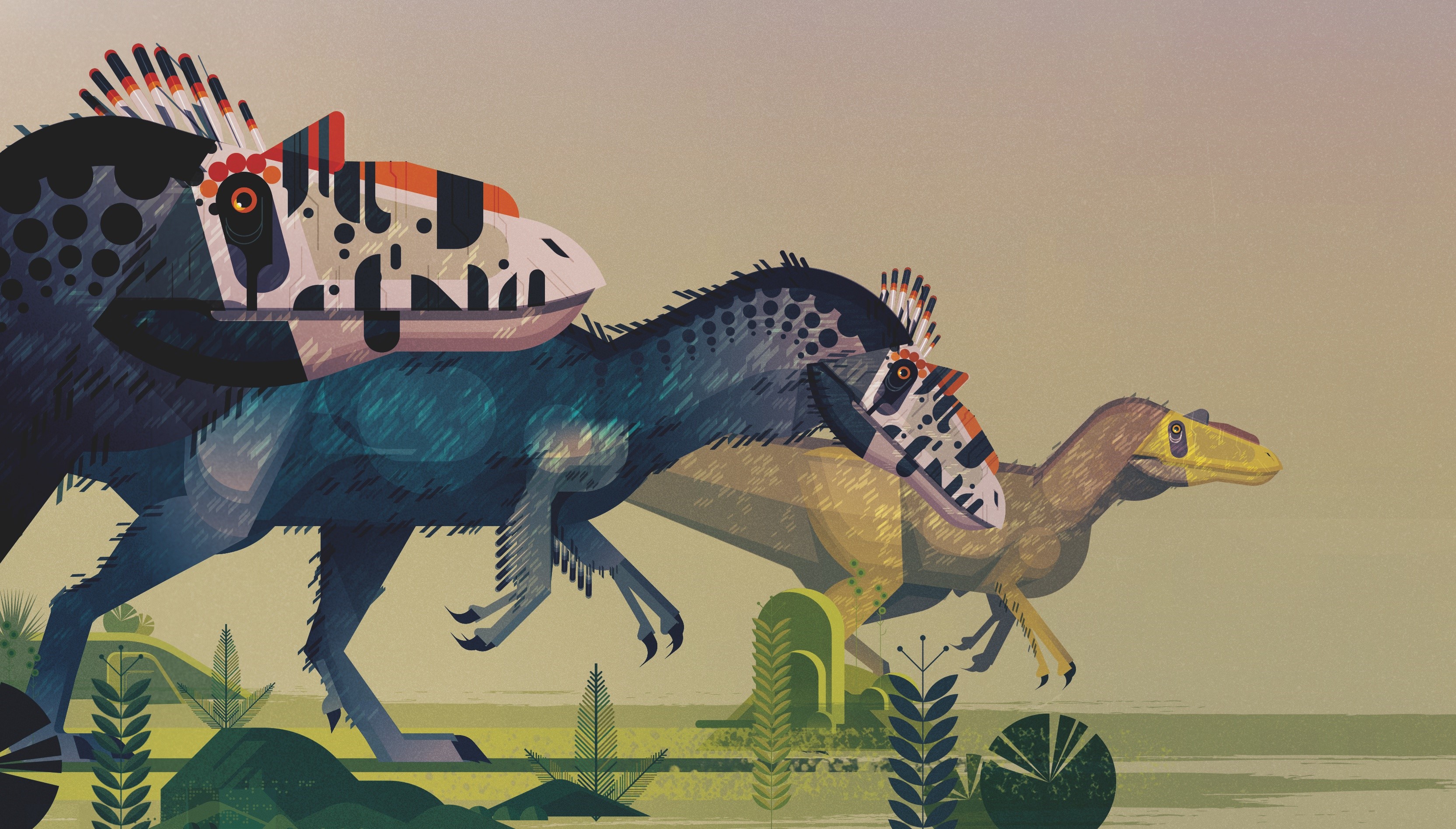 Illustration of three dinosaurs running HD Wallpaper