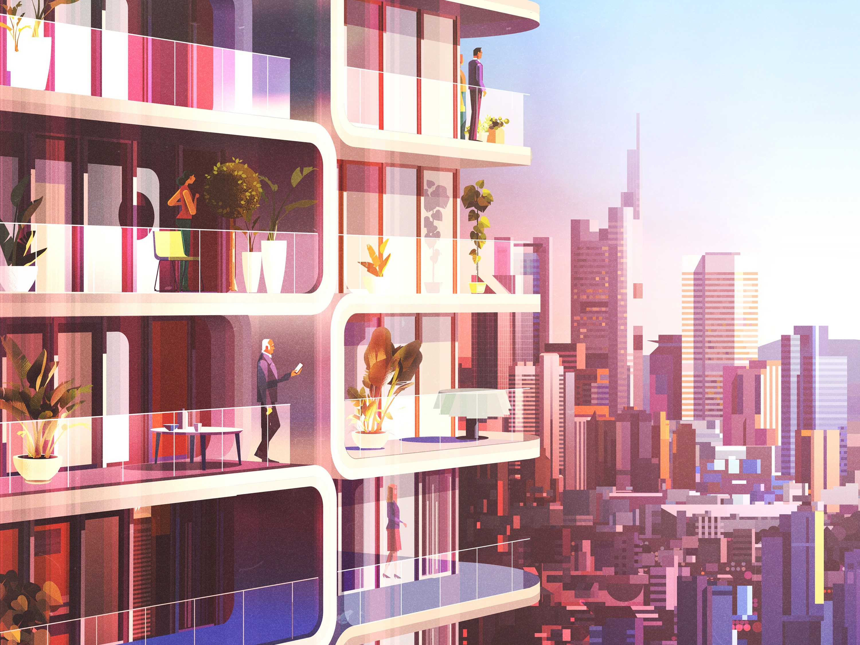Illustration of a modern cityscape with people on balconies HD Wallpaper