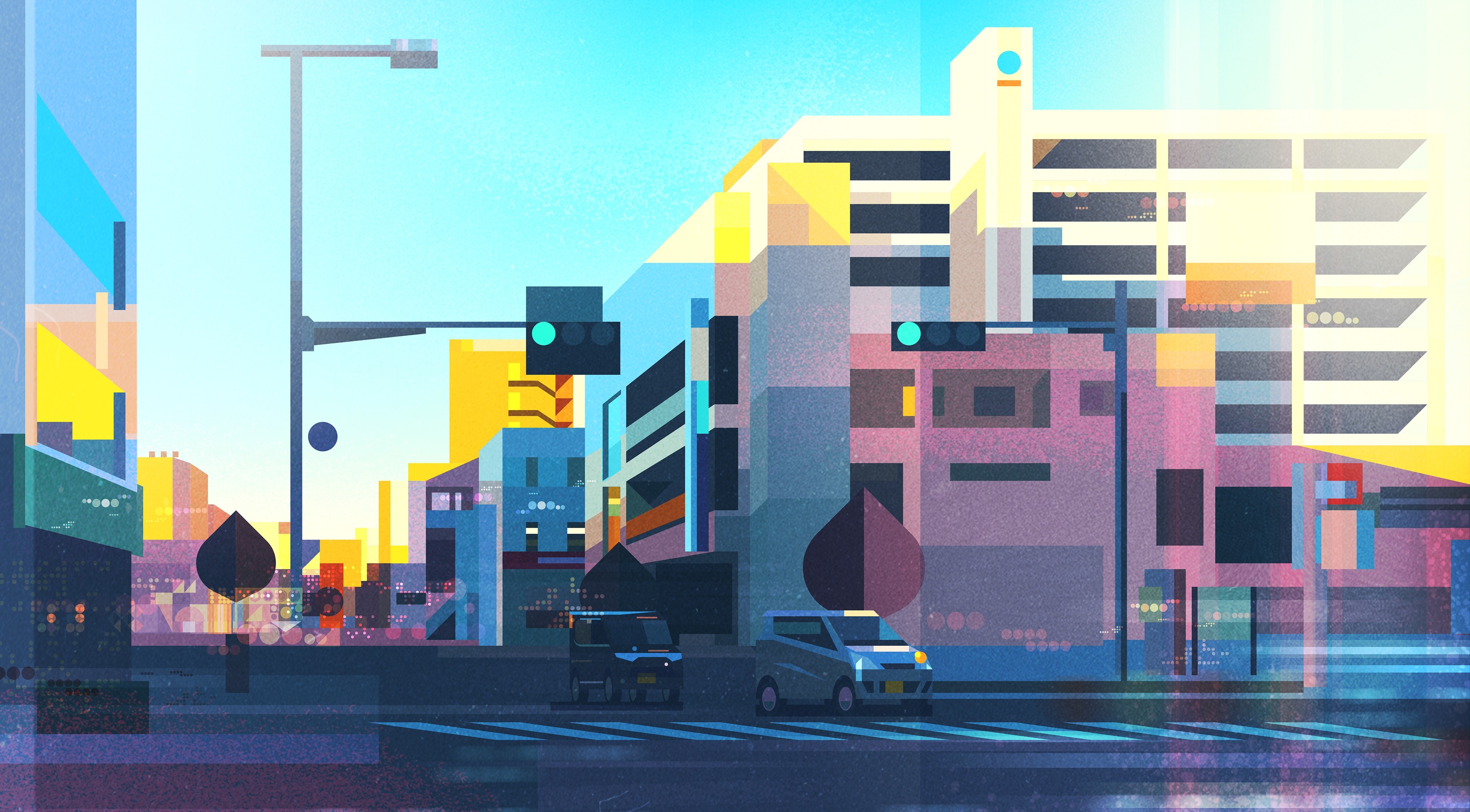4K Urban Cityscape Illustration with Cars HD Wallpaper