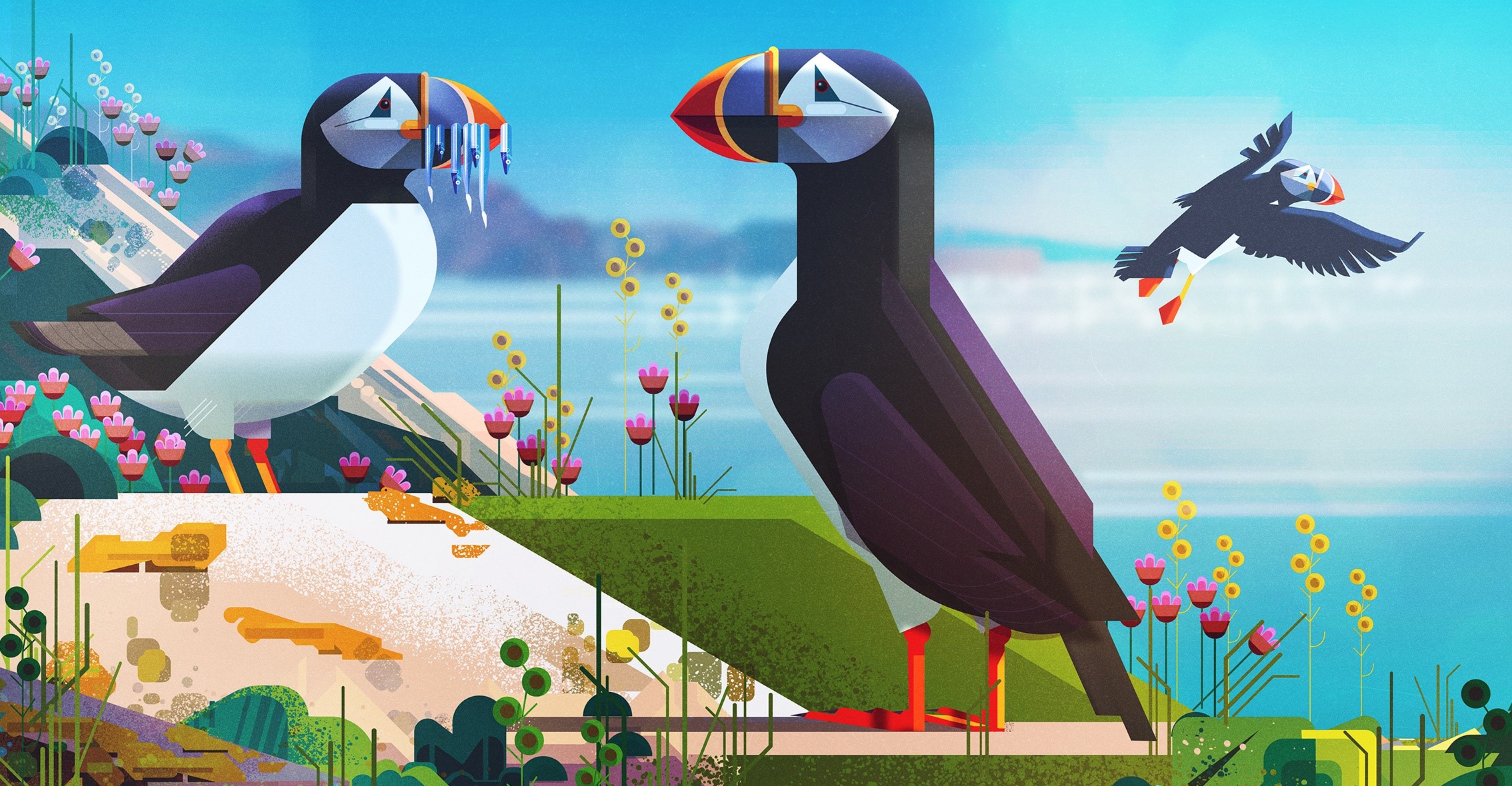 Illustration of puffins in a natural landscape HD Wallpaper