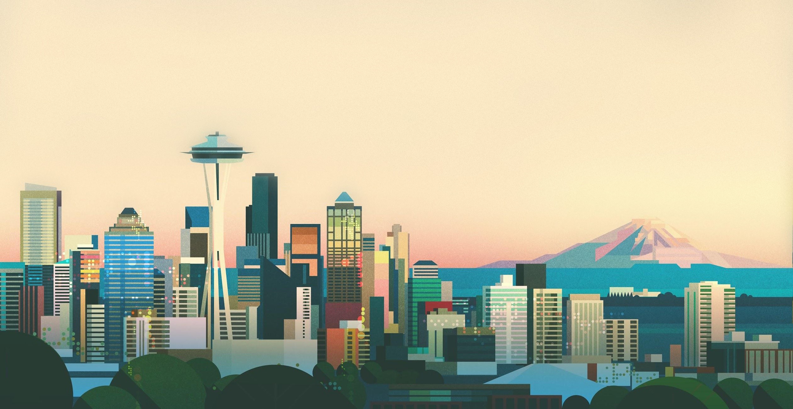 Seattle cityscape illustration with Space Needle and Mount Rainier HD Wallpaper