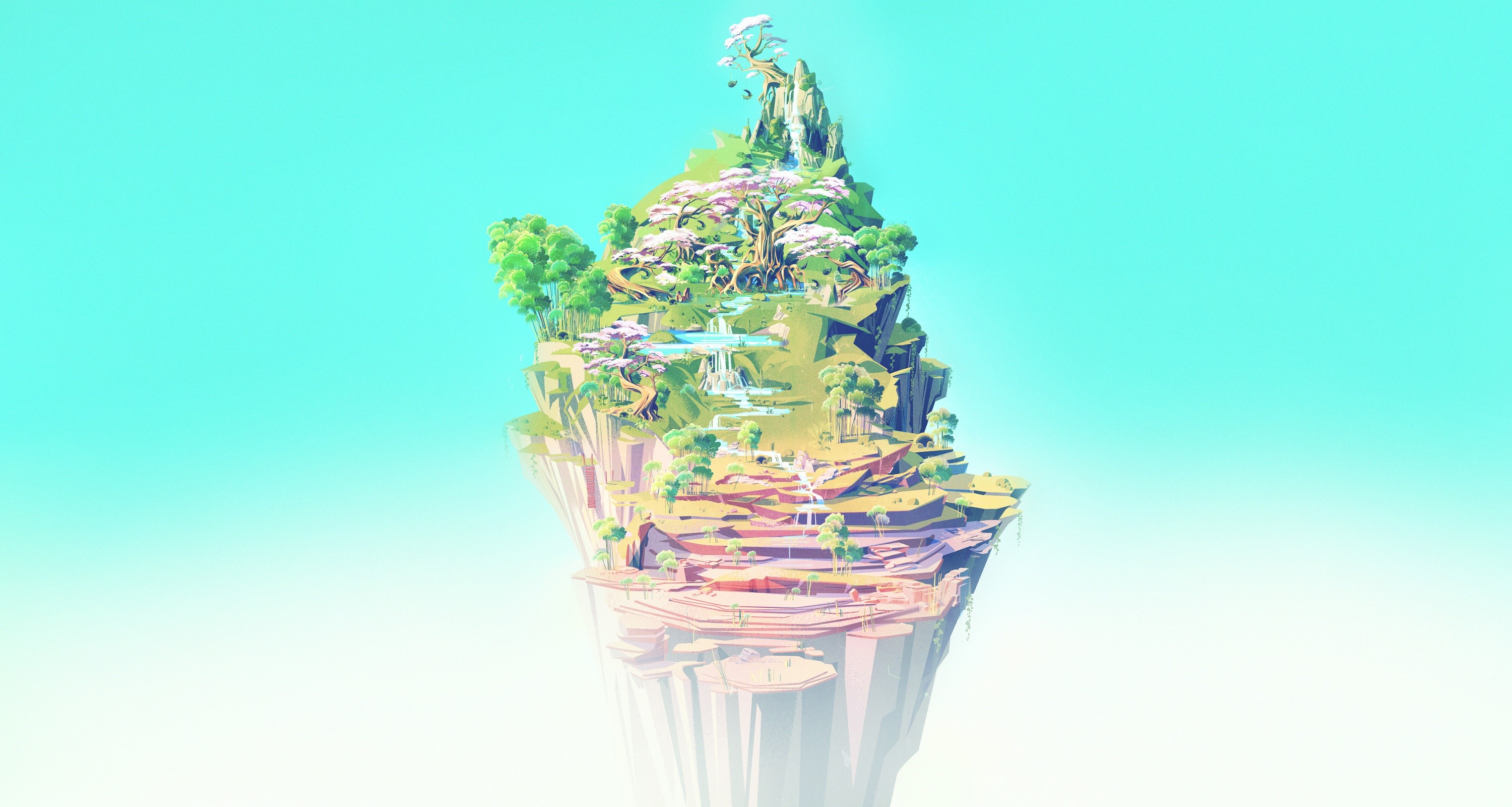 Floating island with trees and waterfalls HD Wallpaper