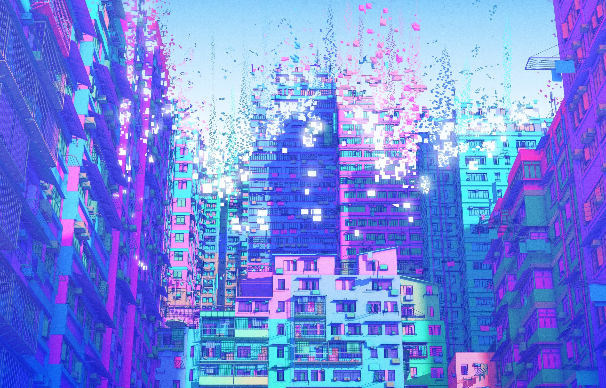 Digital art cityscape with colorful buildings HD Wallpaper