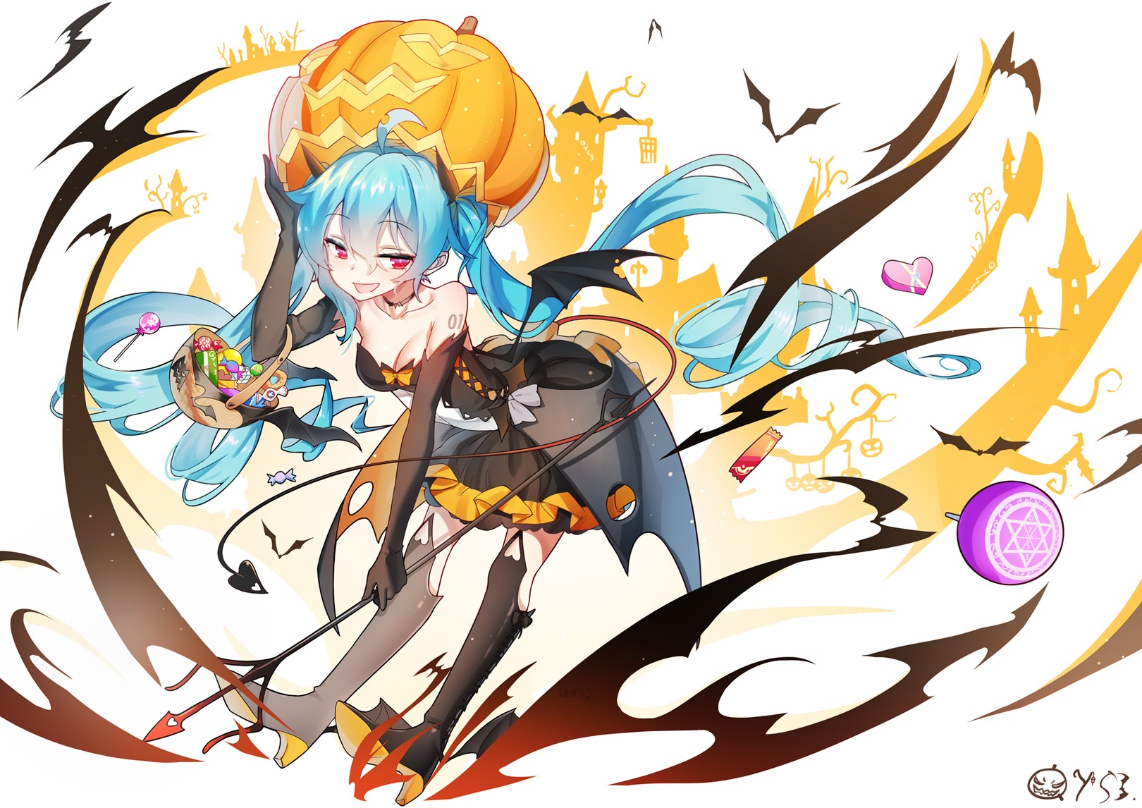 Anime girl with pumpkin and candy HD Wallpaper