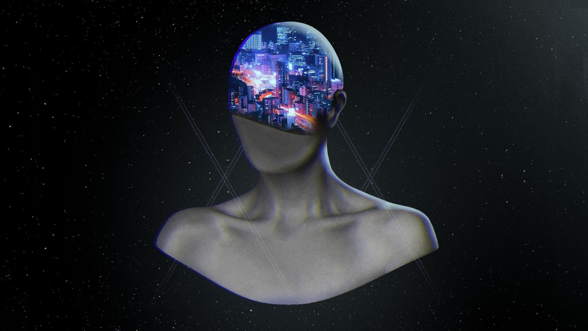 Digital art of a headless figure with a cityscape in its head HD Wallpaper
