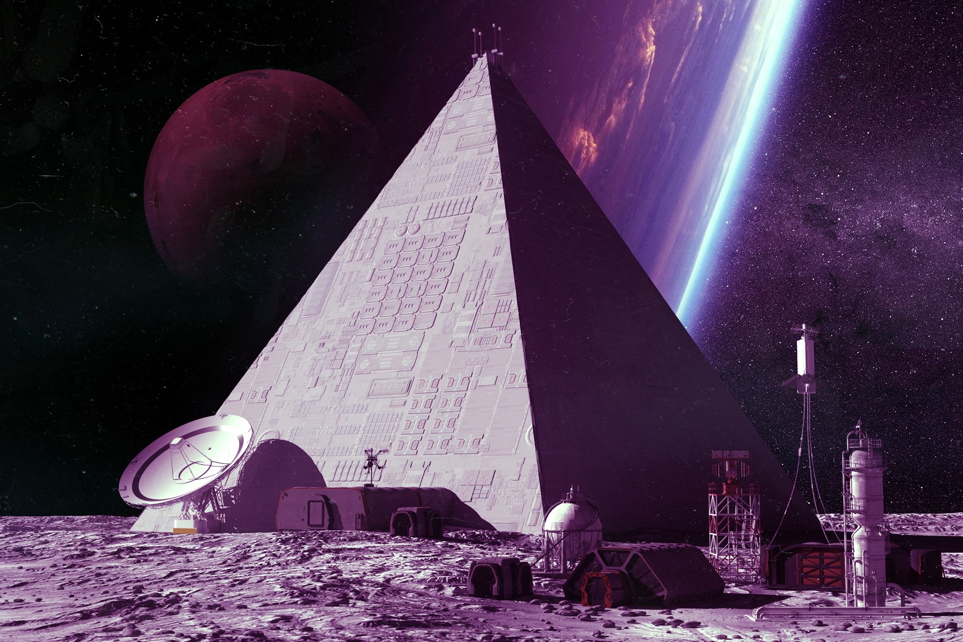 Alien pyramid base on a moon with planets in the background HD Wallpaper