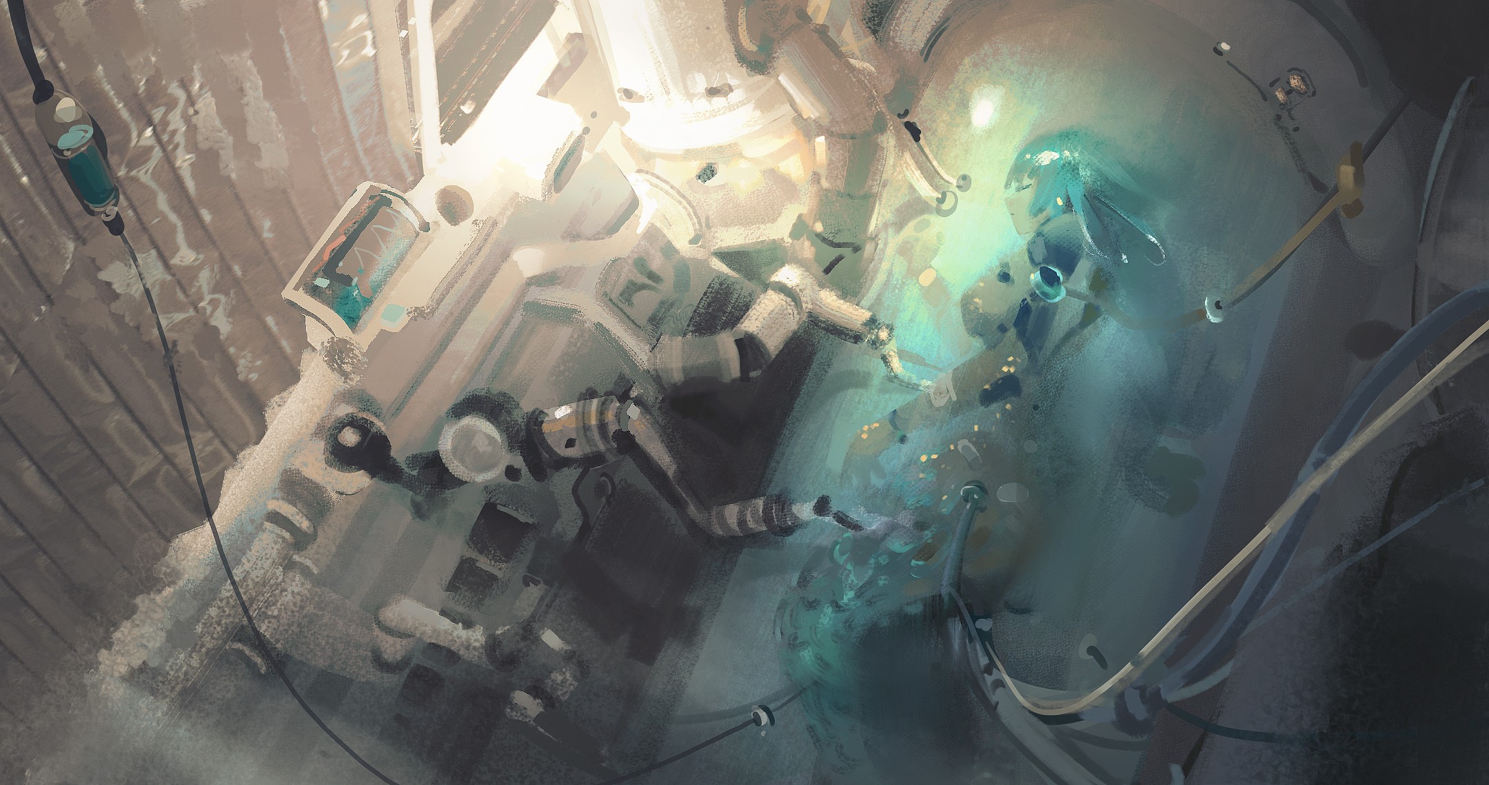 Sci-fi laboratory with robotic arms and a glowing tank HD Wallpaper