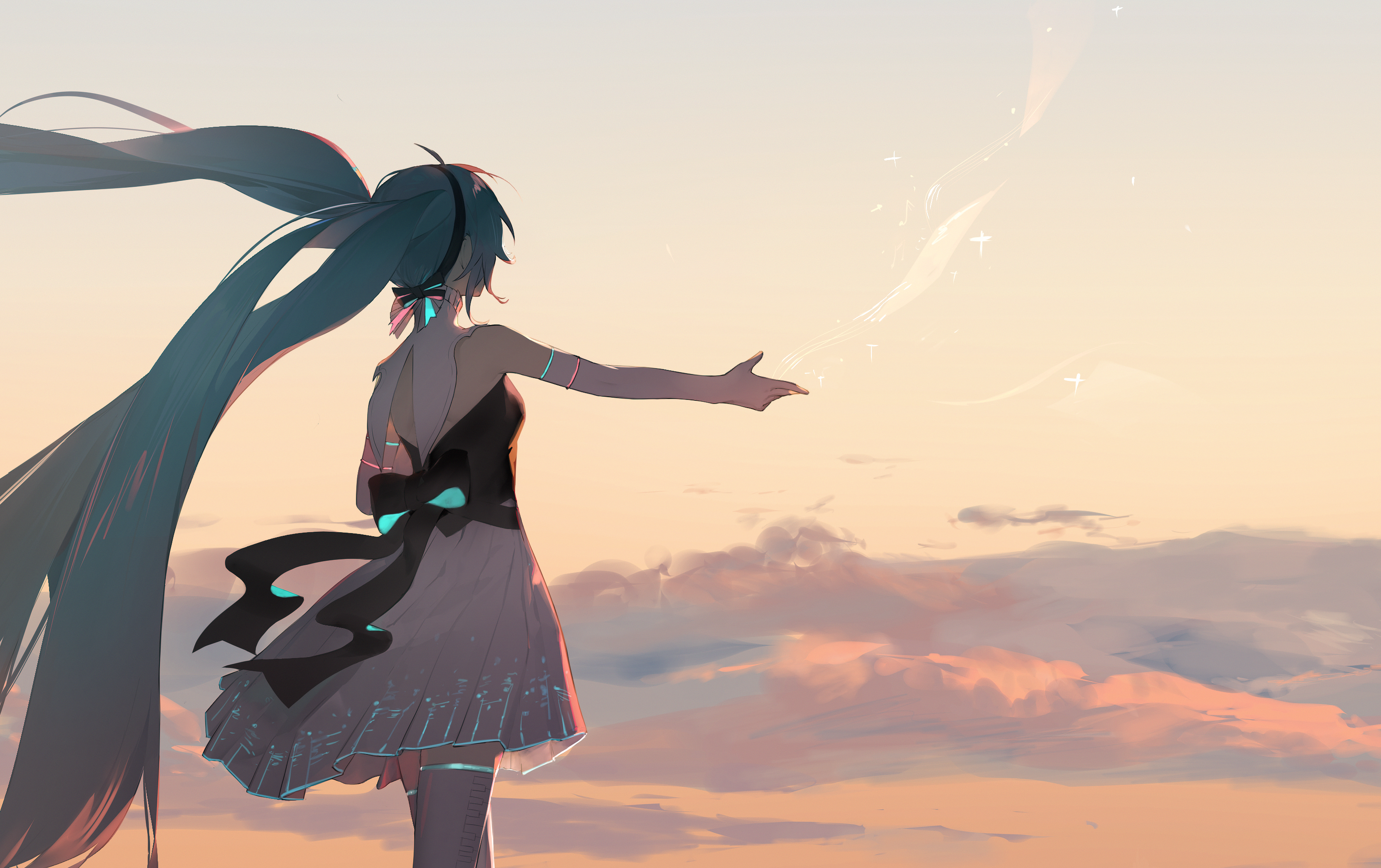 Anime girl with long turquoise hair reaching out HD Wallpaper