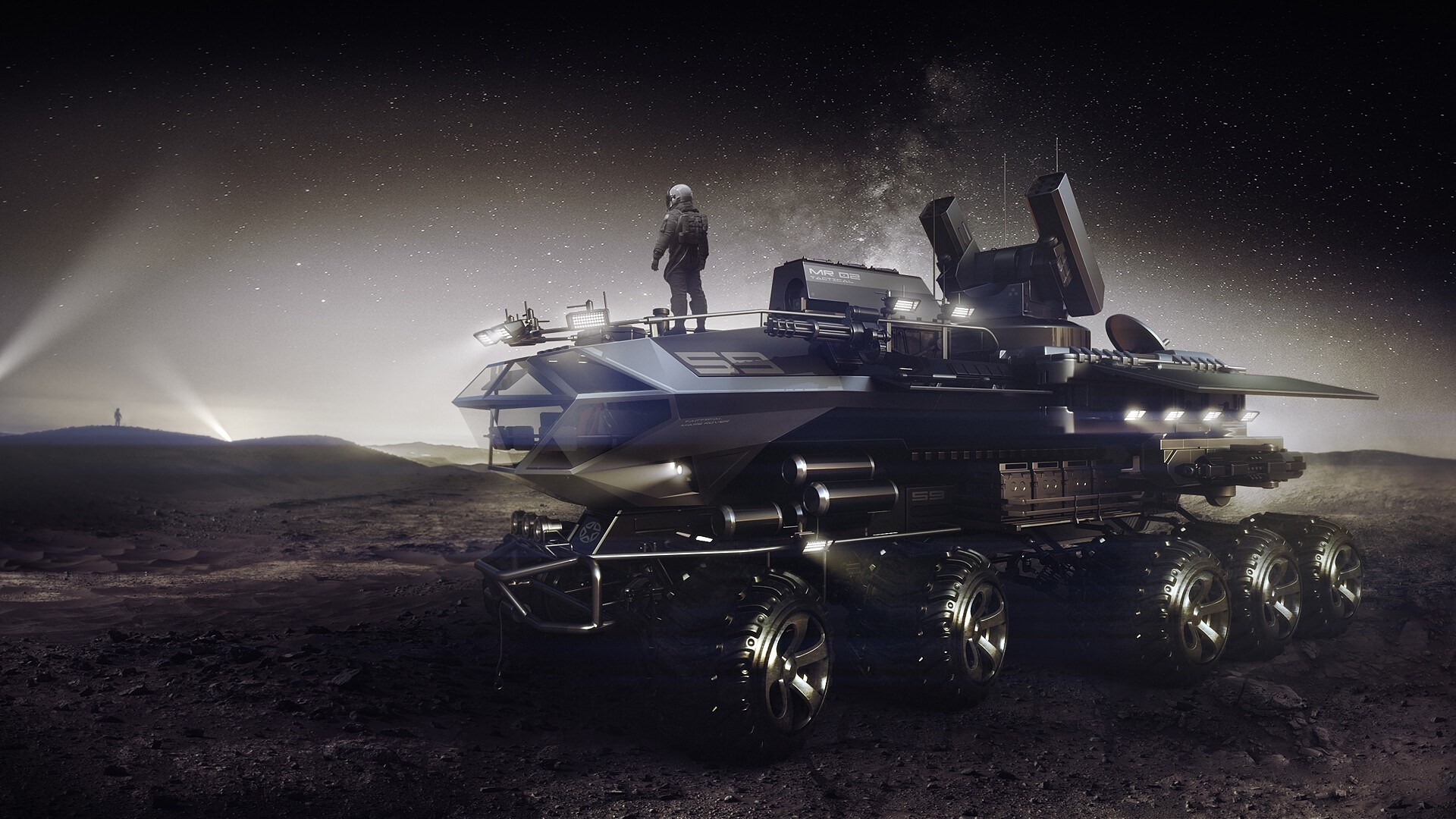 Futuristic rover on a desolate planet with a person standing on top HD Wallpaper