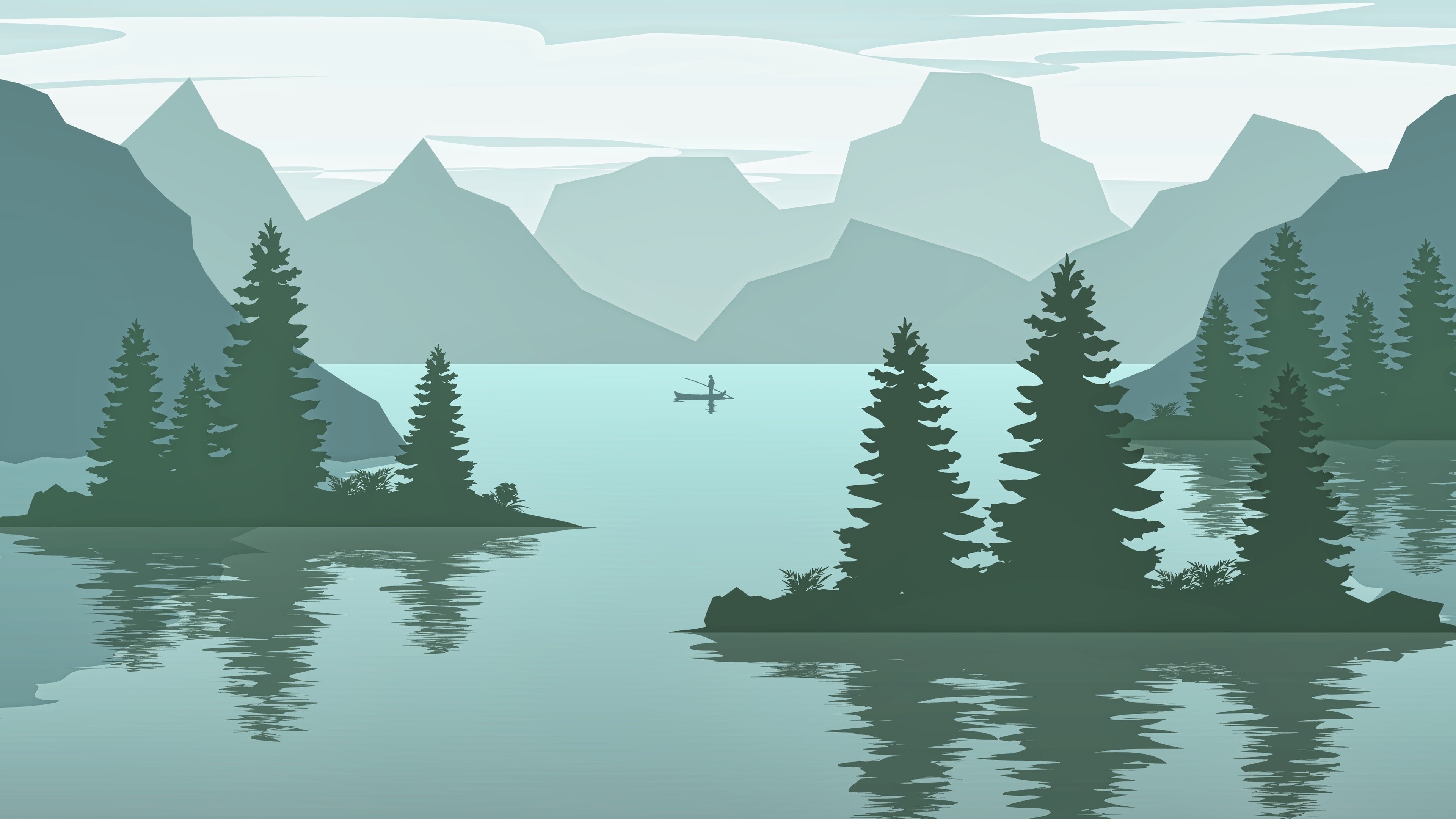 Fisherman in a boat on a lake with mountains and trees HD Wallpaper