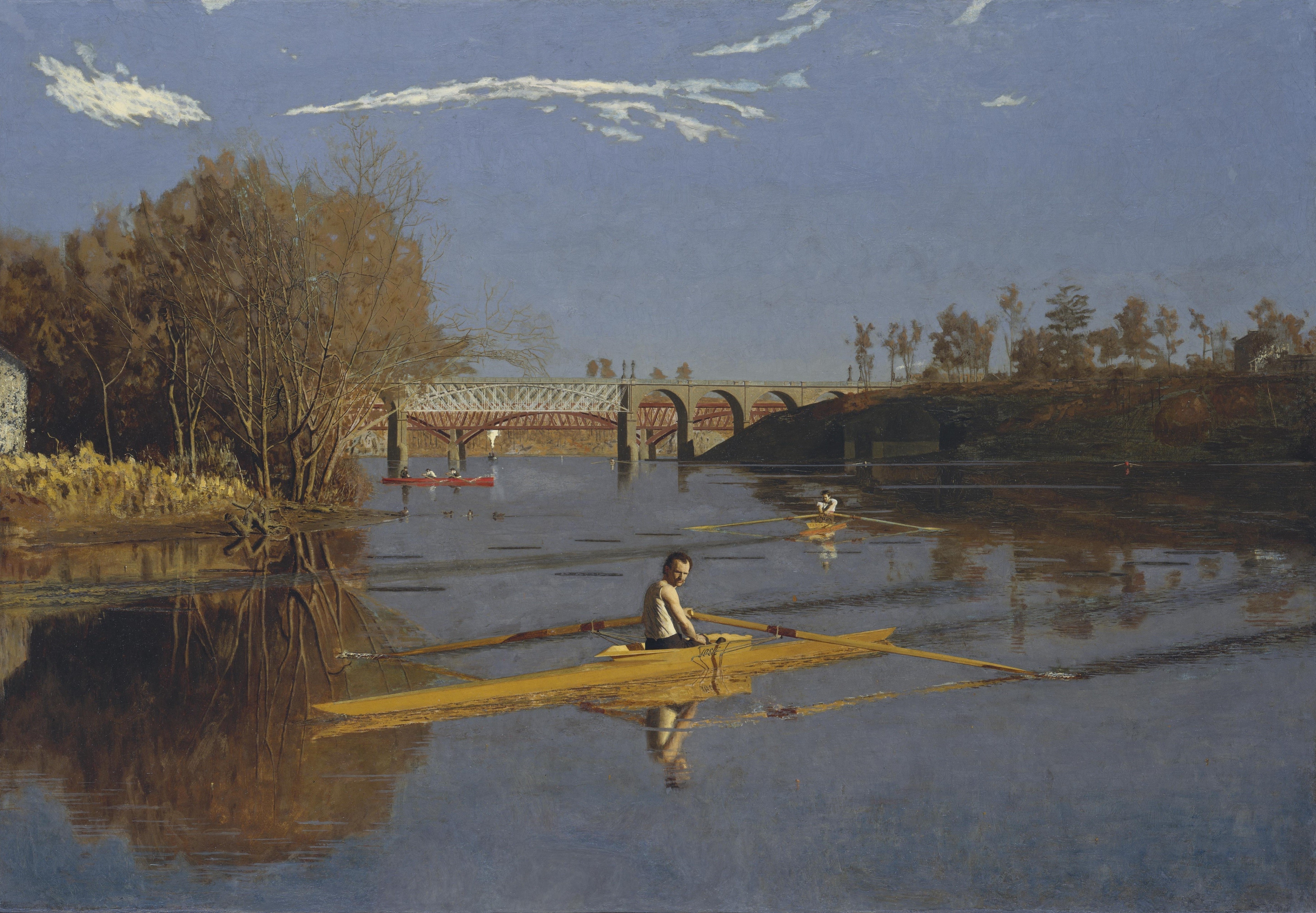 Rowing on the River with a Bridge HD Wallpaper