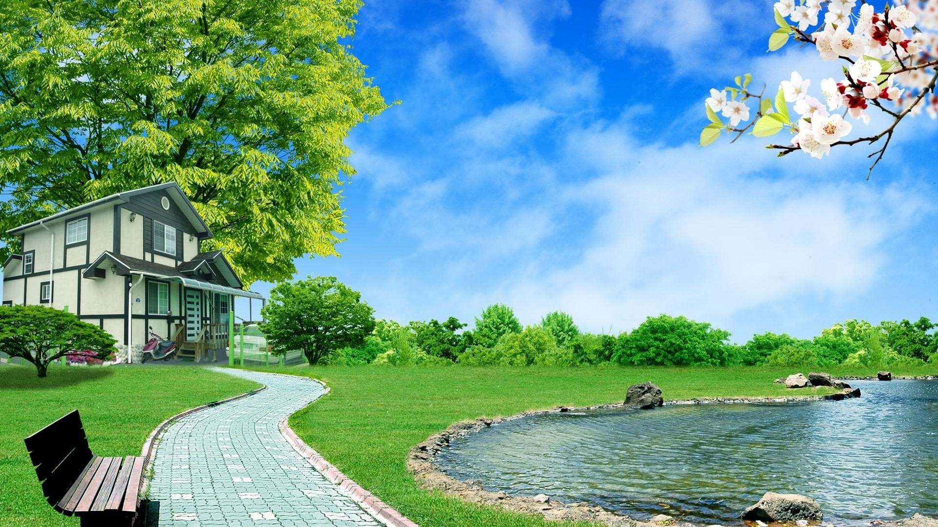 House with a path and a pond HD Wallpaper