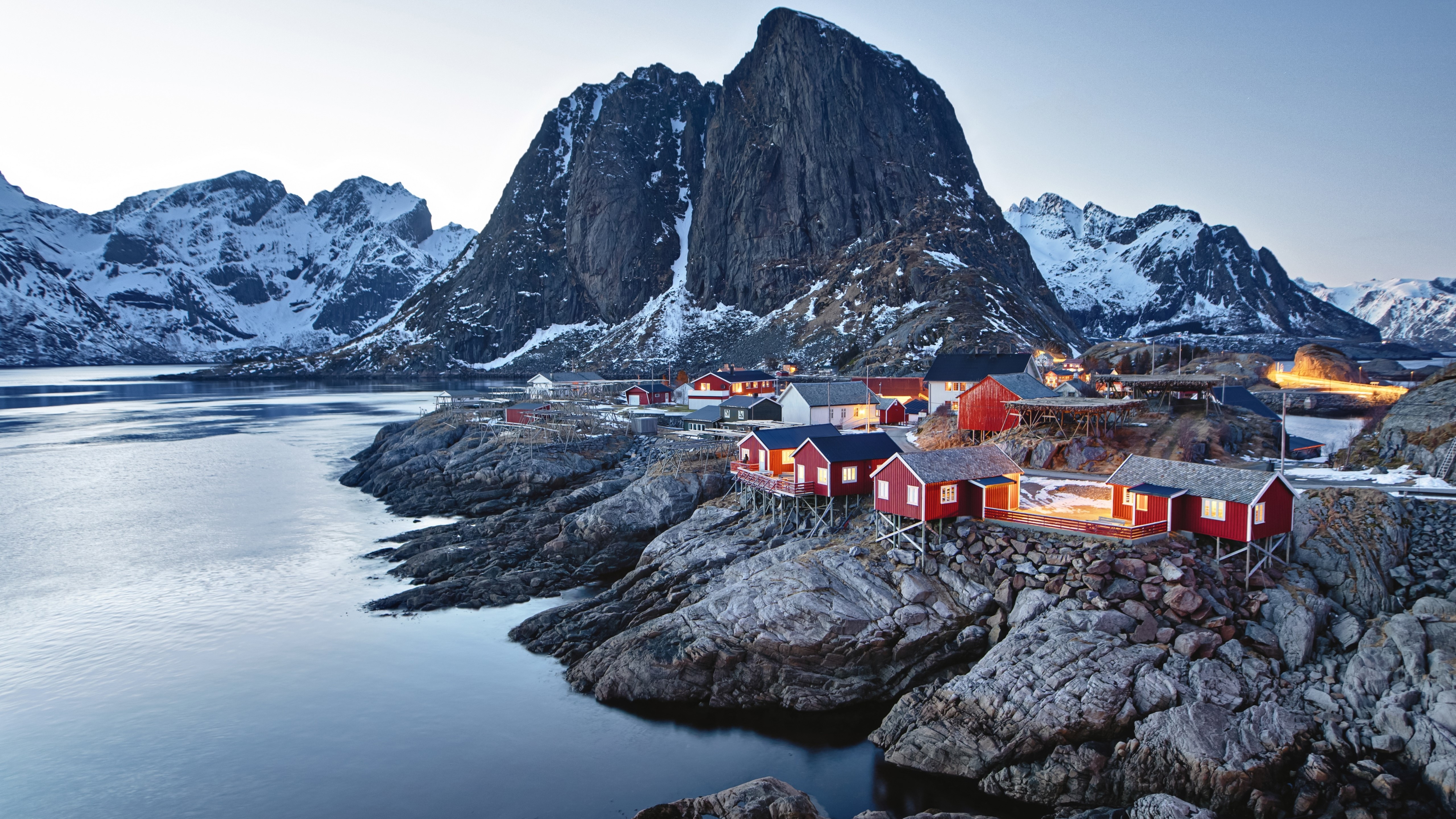4K Norway Lofoten Islands winter landscape with red houses HD Wallpaper