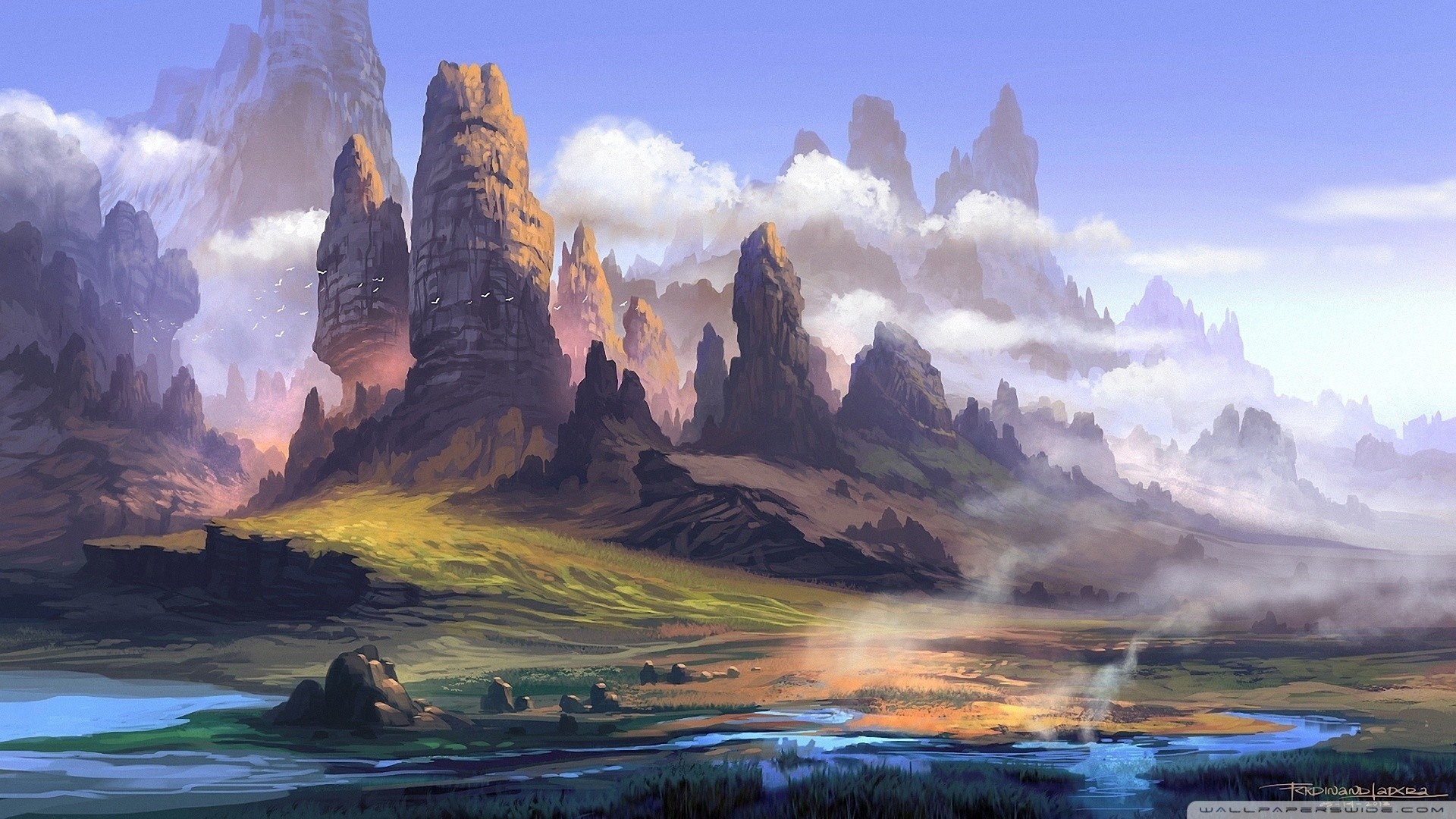 Fantasy landscape with rock spires and clouds HD Wallpaper