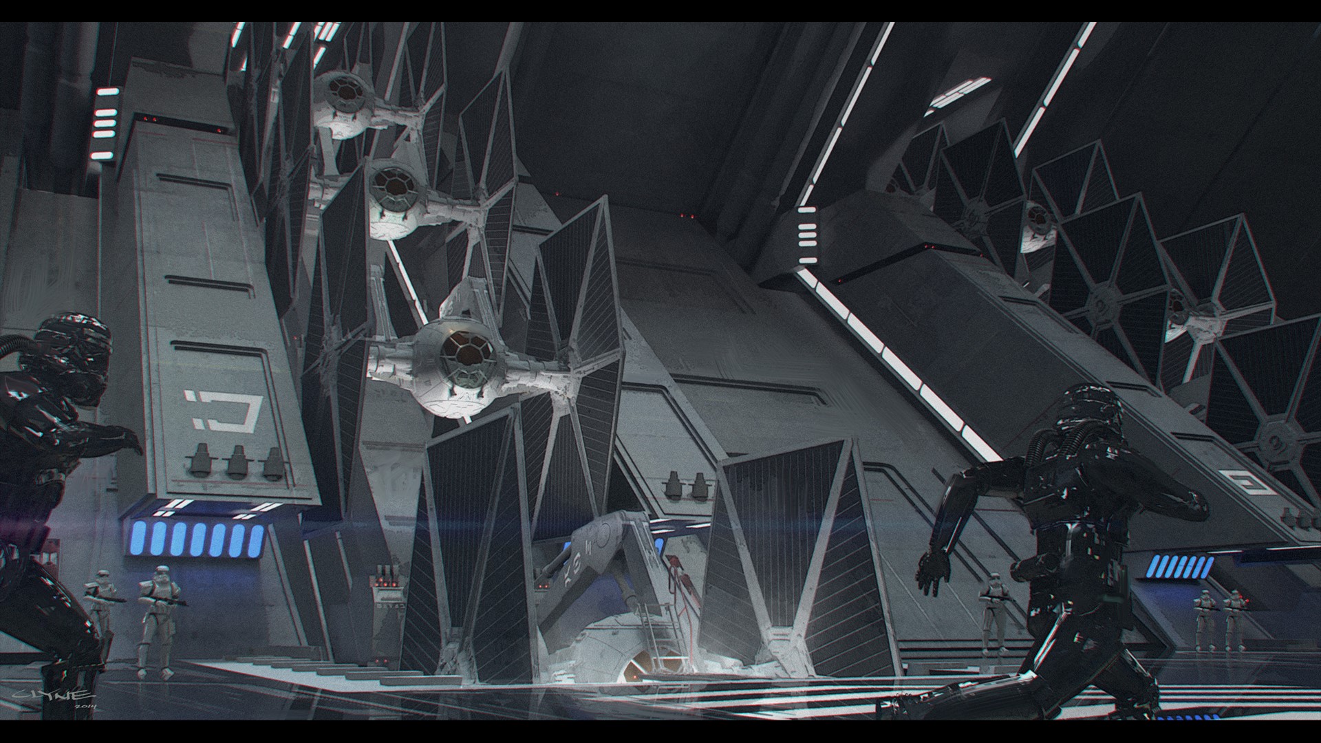 TIE Fighters in a hangar with Imperial pilots HD Wallpaper