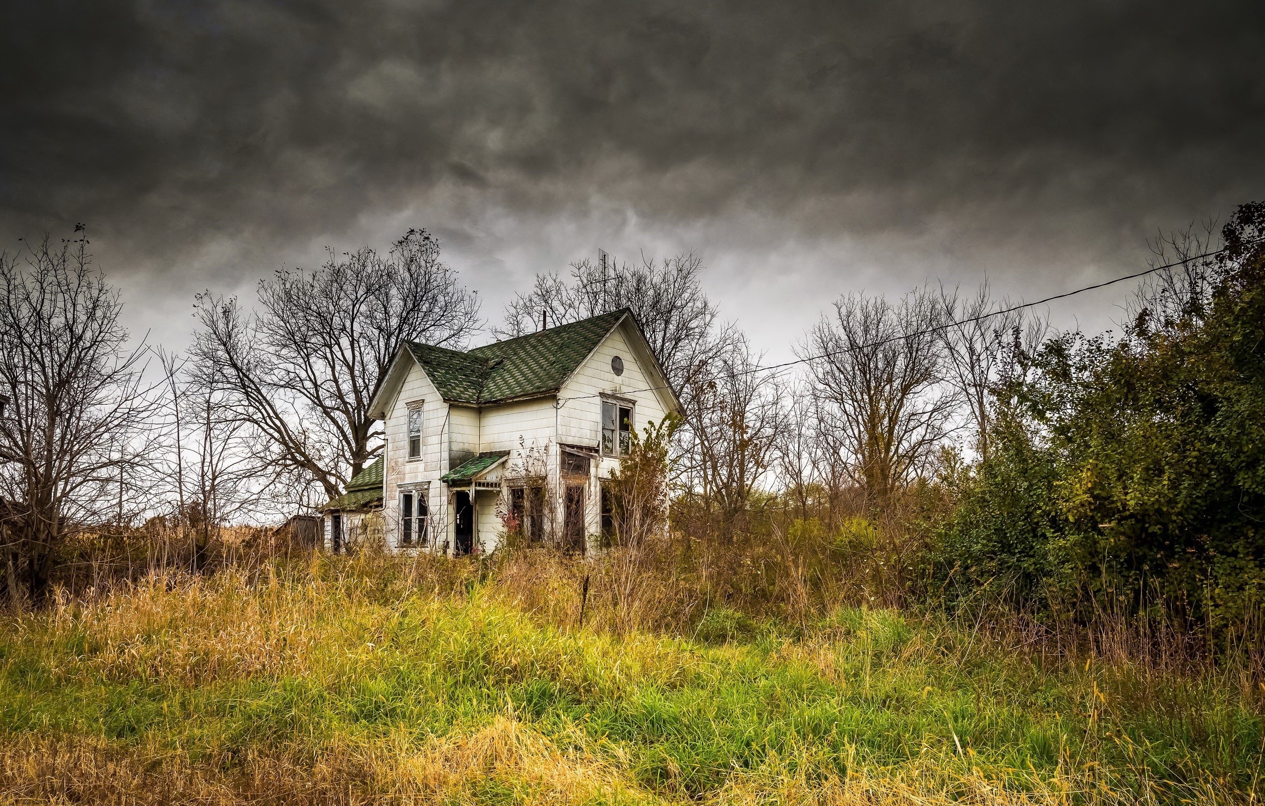 Abandoned house in overgrown field under stormy sky HD Wallpaper