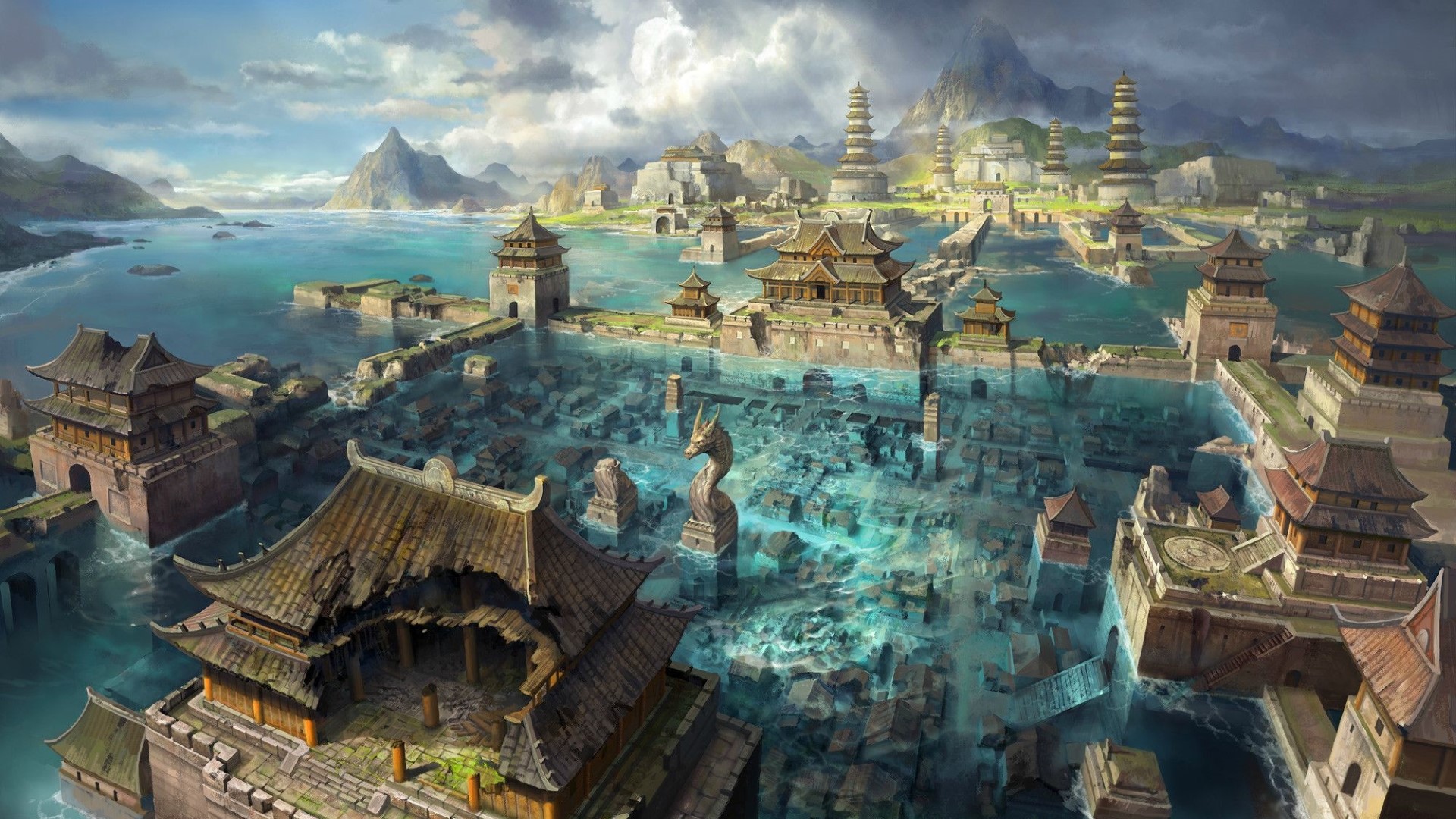 Ancient Chinese city partially submerged in water with mountains HD Wallpaper