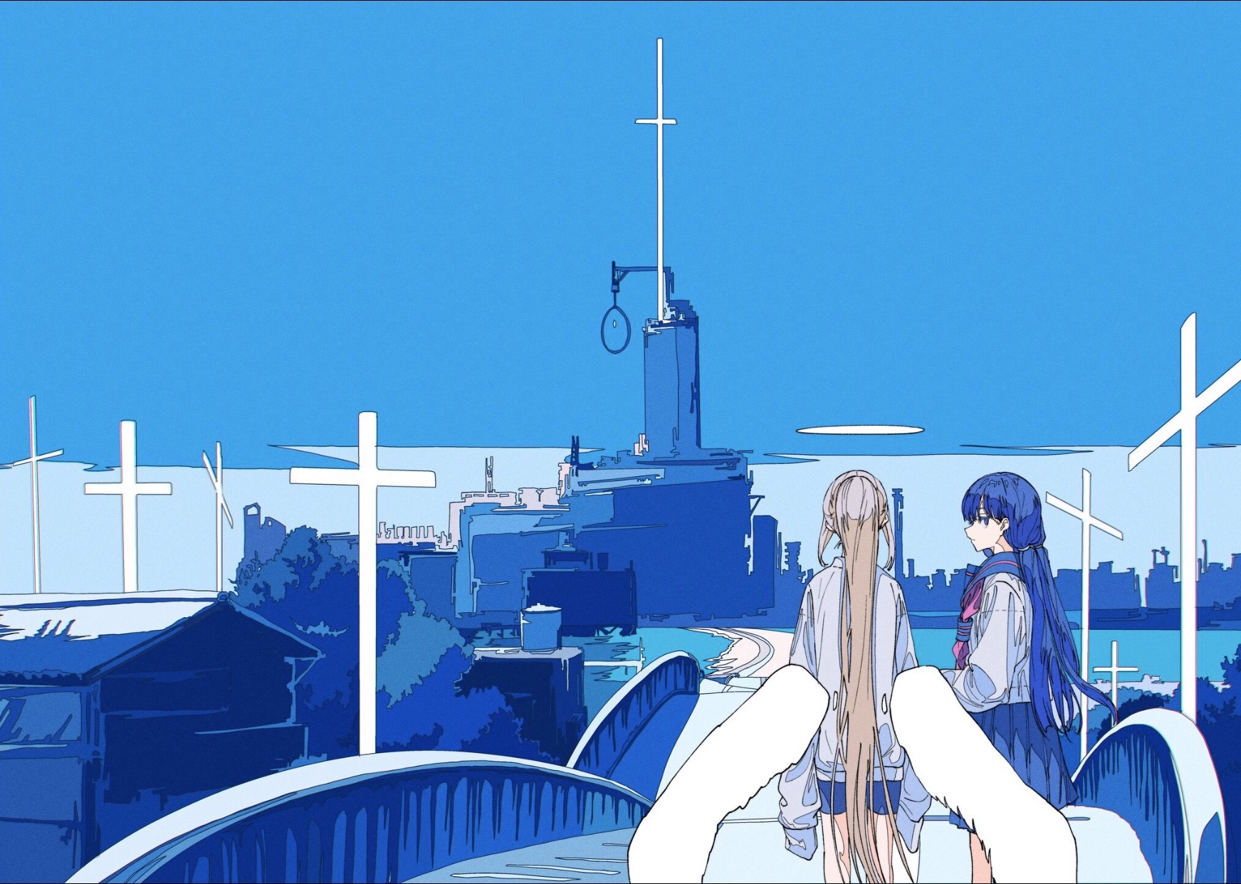 Two anime girls standing on a bridge with a cityscape and crosses in the background HD Wallpaper