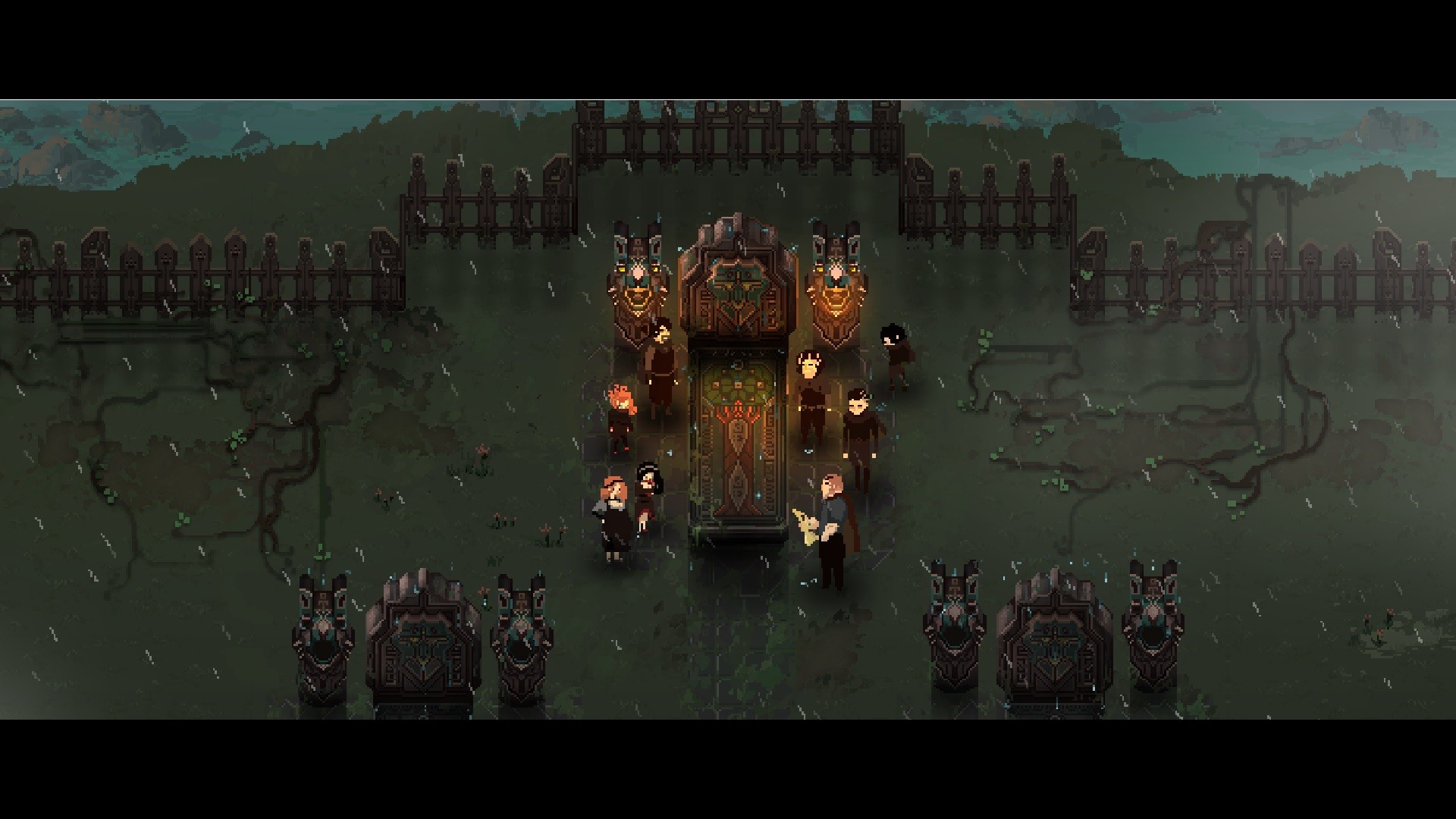 Children of Morta characters gathered around a large ornate structure HD Wallpaper