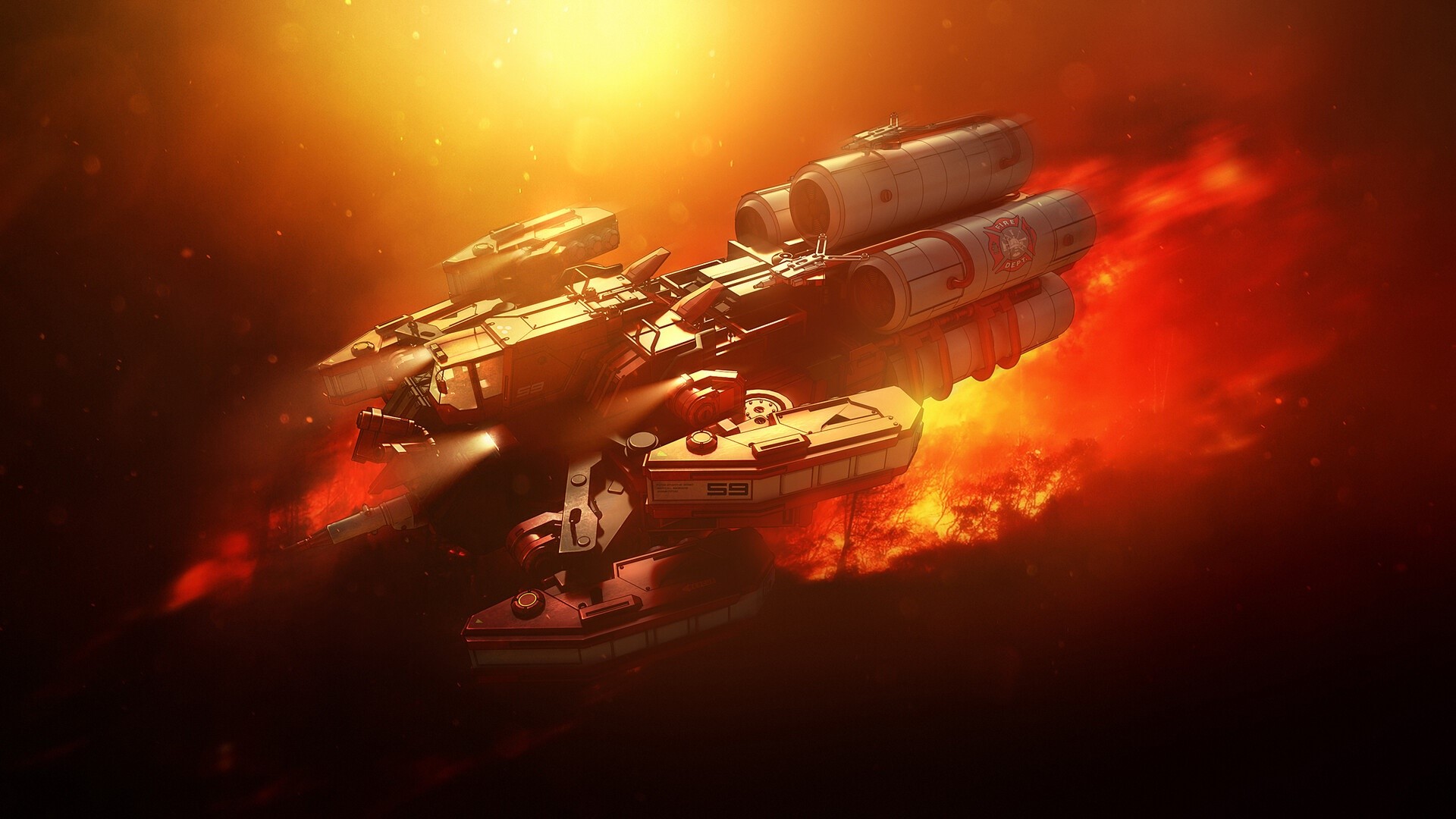 Spaceship in a fiery nebula HD Wallpaper