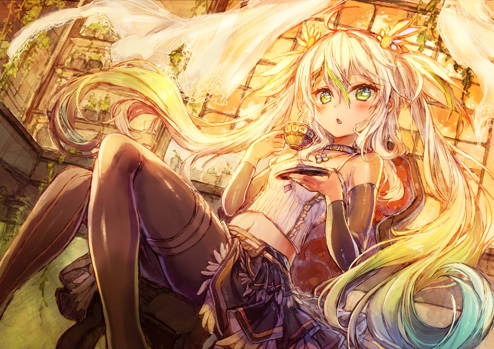 Anime girl with blonde pigtails drinking tea HD Wallpaper