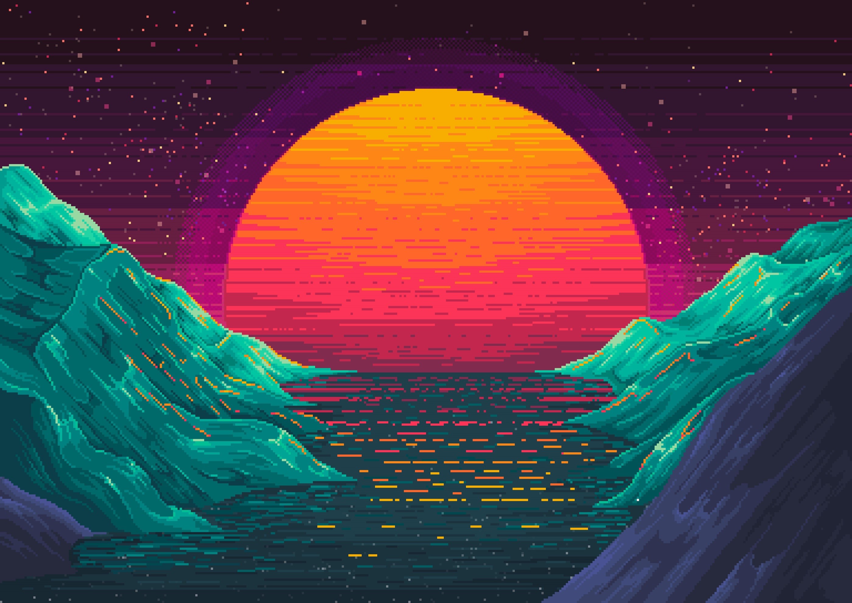 Pixel art landscape with large sun over water and mountains HD Wallpaper