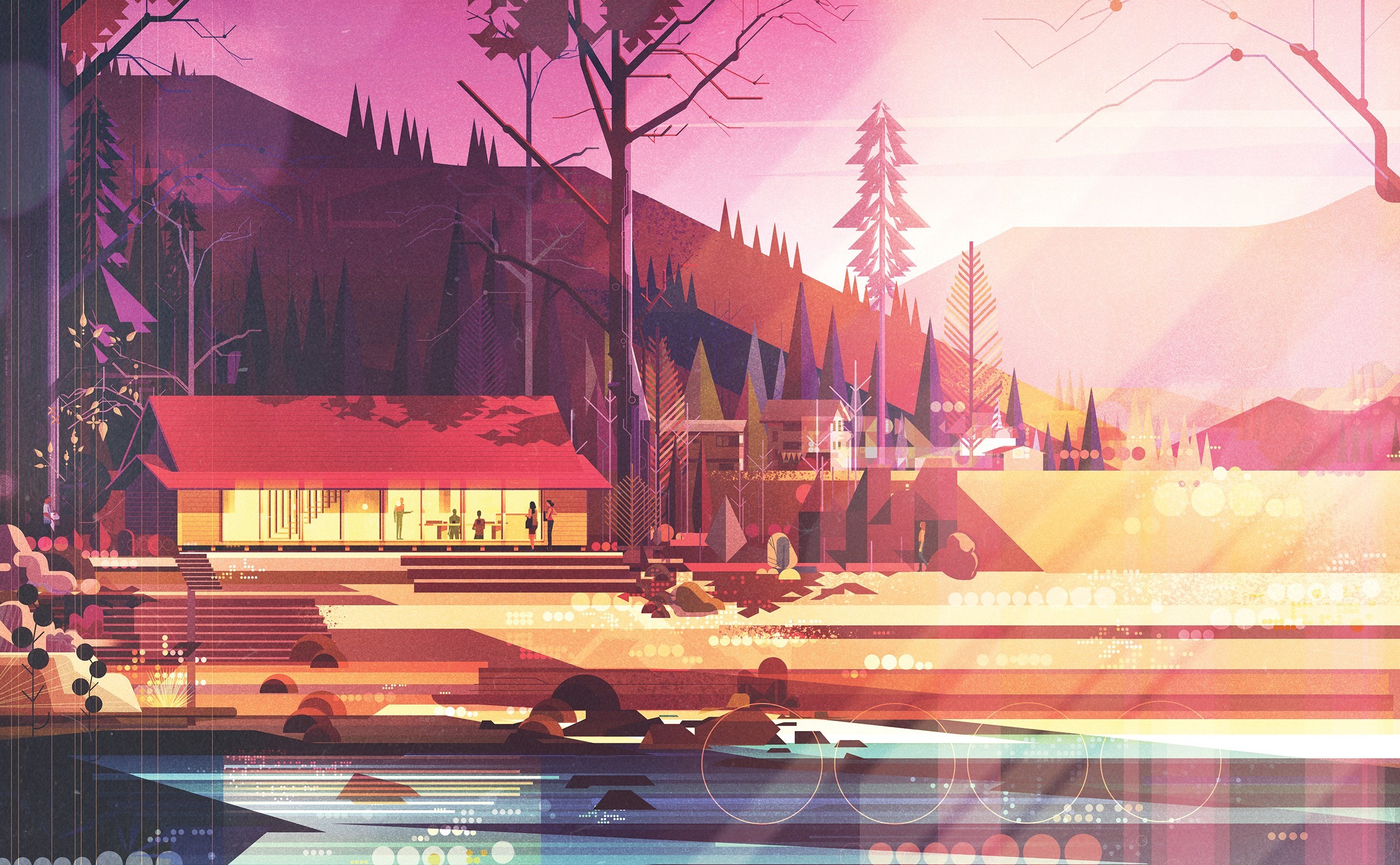 Digital art of a modern house in a forest landscape HD Wallpaper
