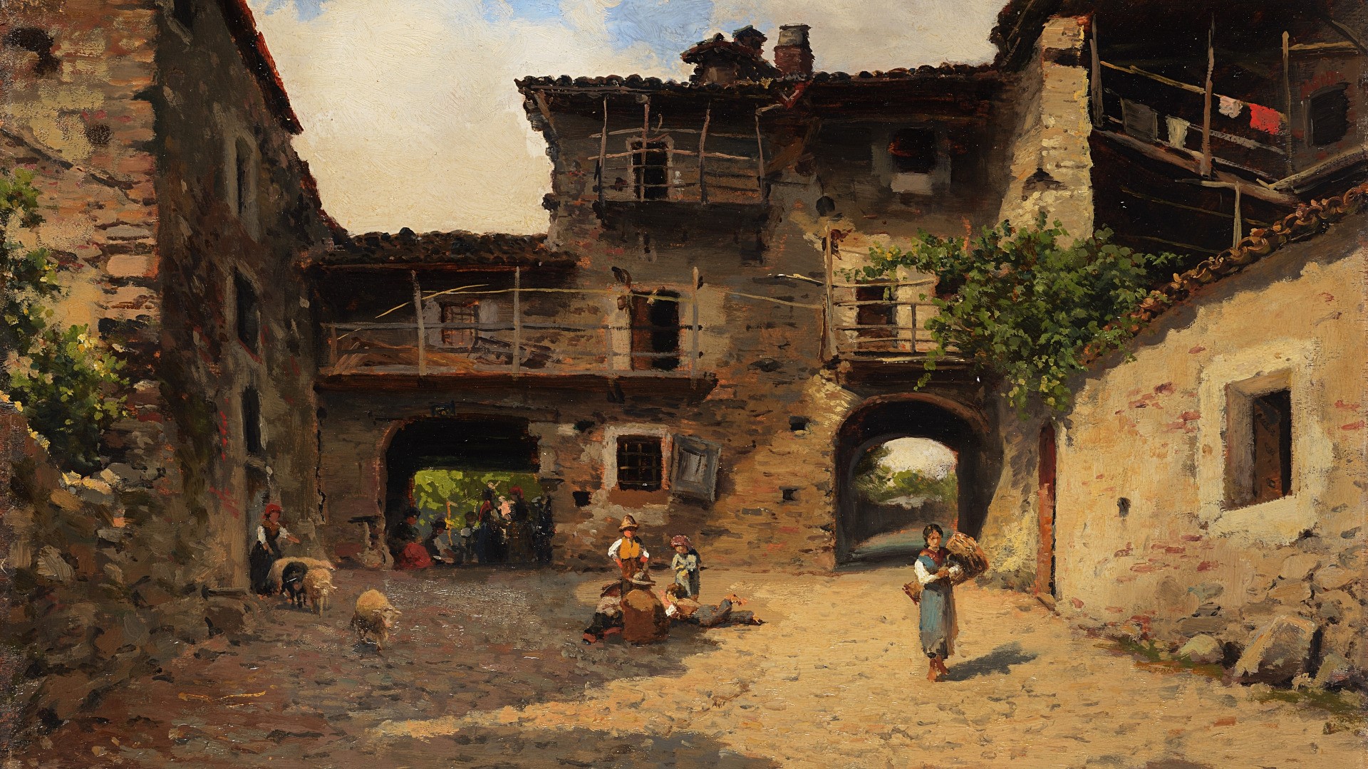 Courtyard scene with people and animals by Silvio Poma HD Wallpaper